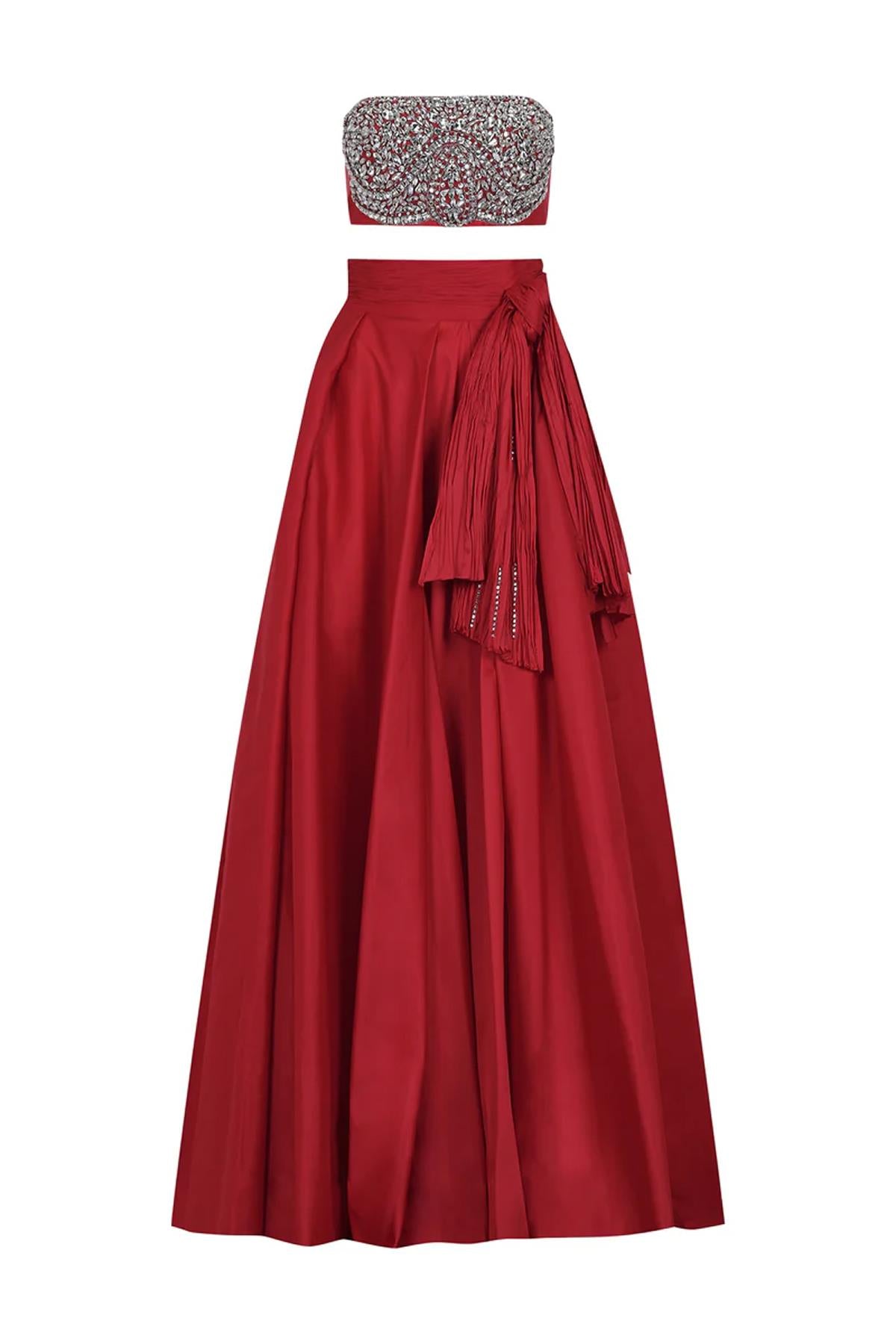 Strapless Stone Embroidered Crop High Waist Skirt Evening Dress Set