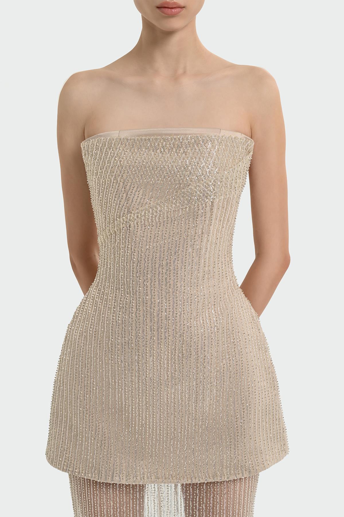 Straplez Taş Payet İşlemeli Takım Abiye Elbise