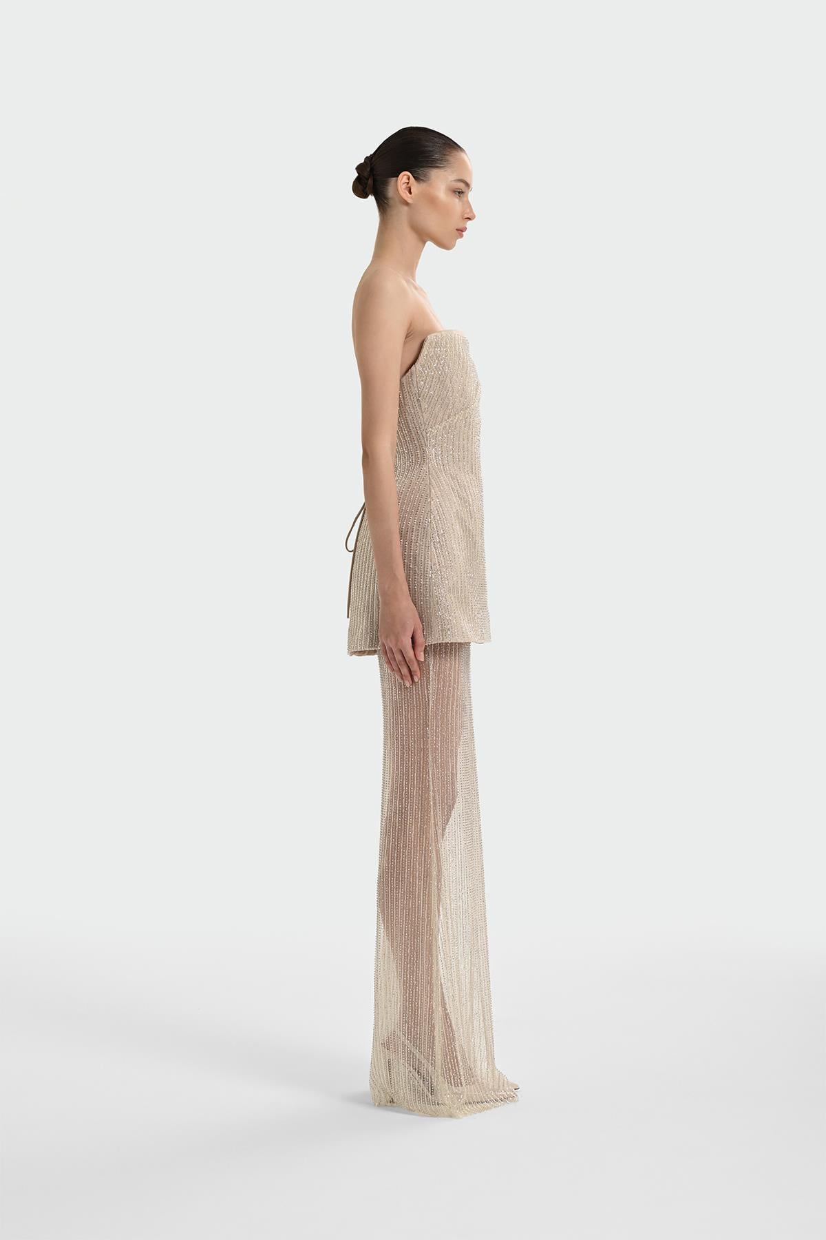 Straplez Taş Payet İşlemeli Takım Abiye Elbise