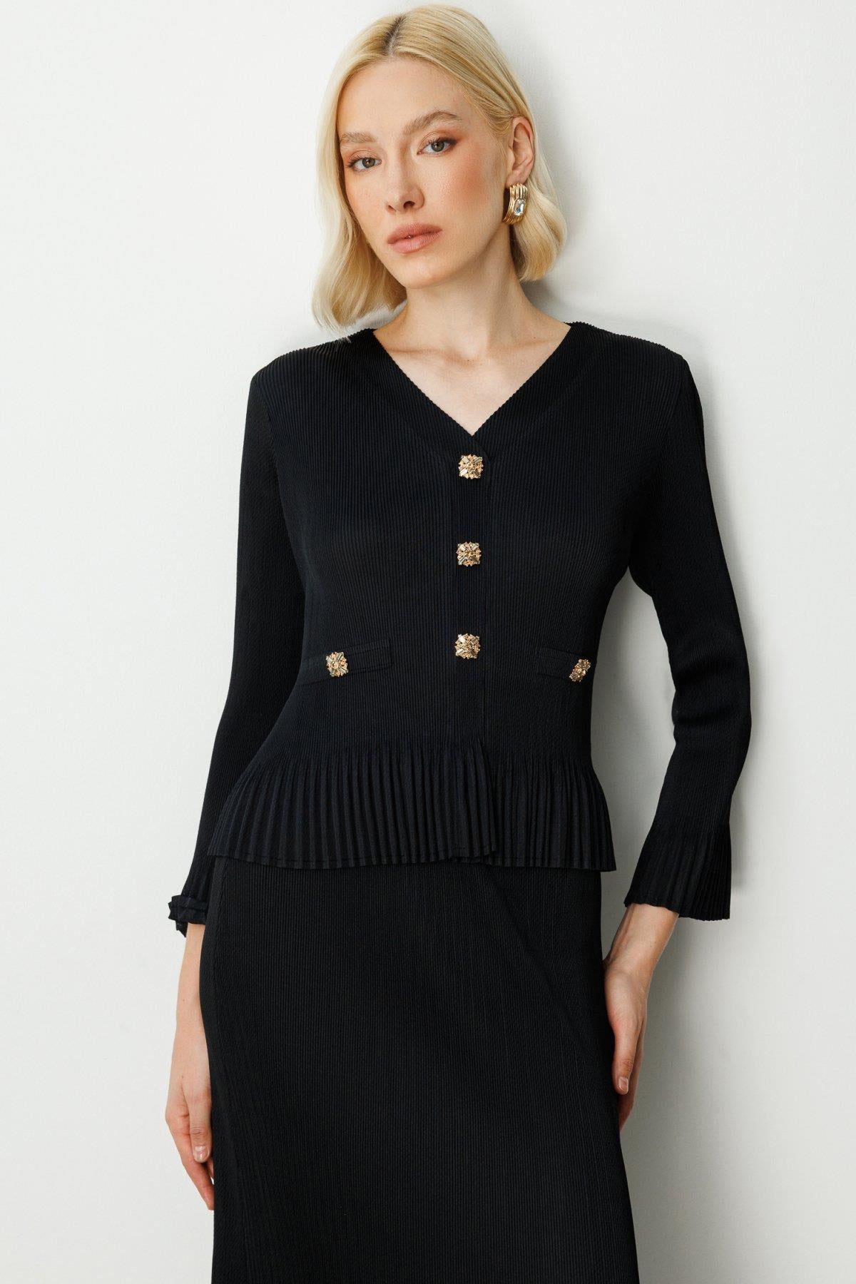 Pleated Detailed Blouse with Decorative Buttons