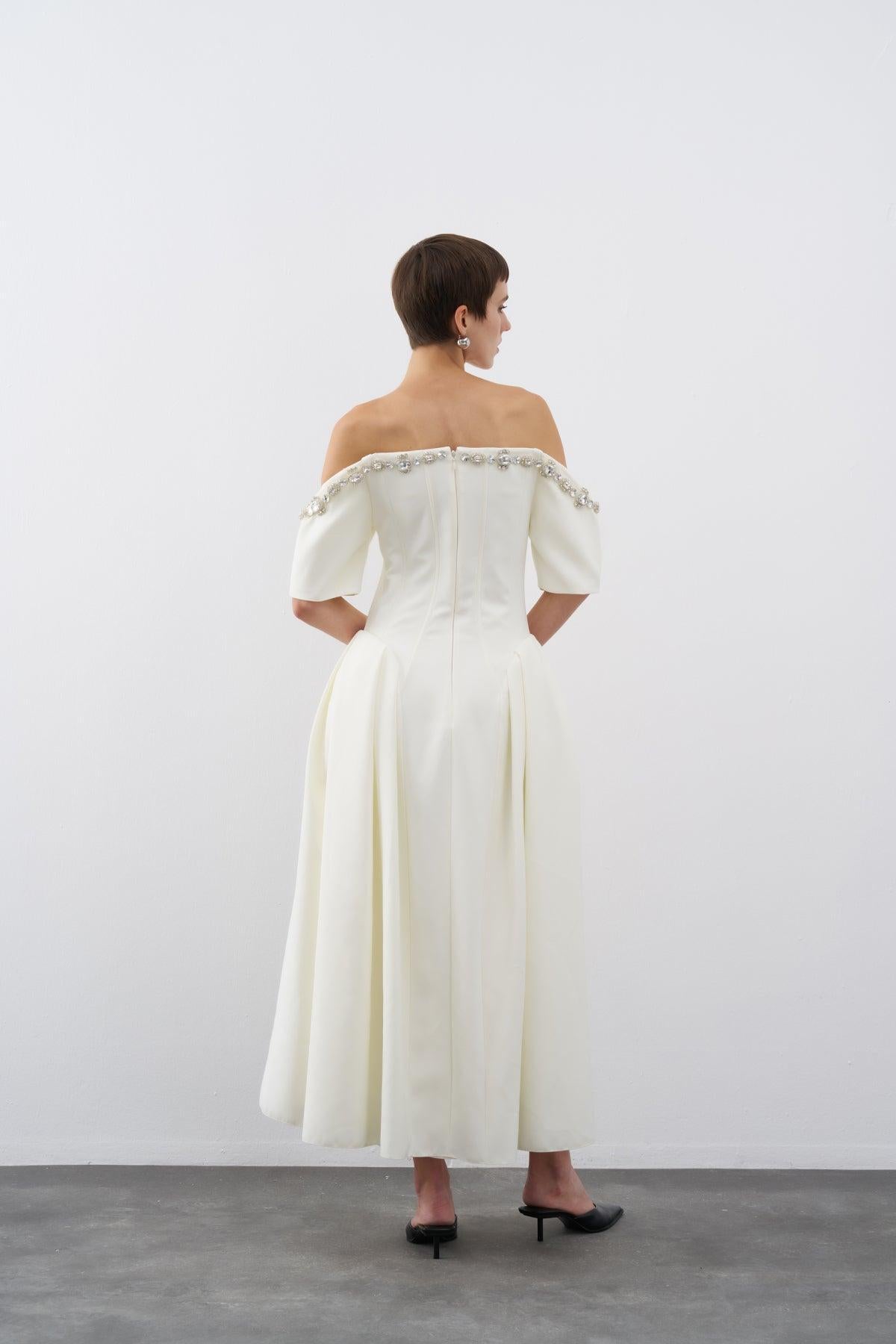 Stone Embroidered Off Shoulder Pleated Midi Evening Dress