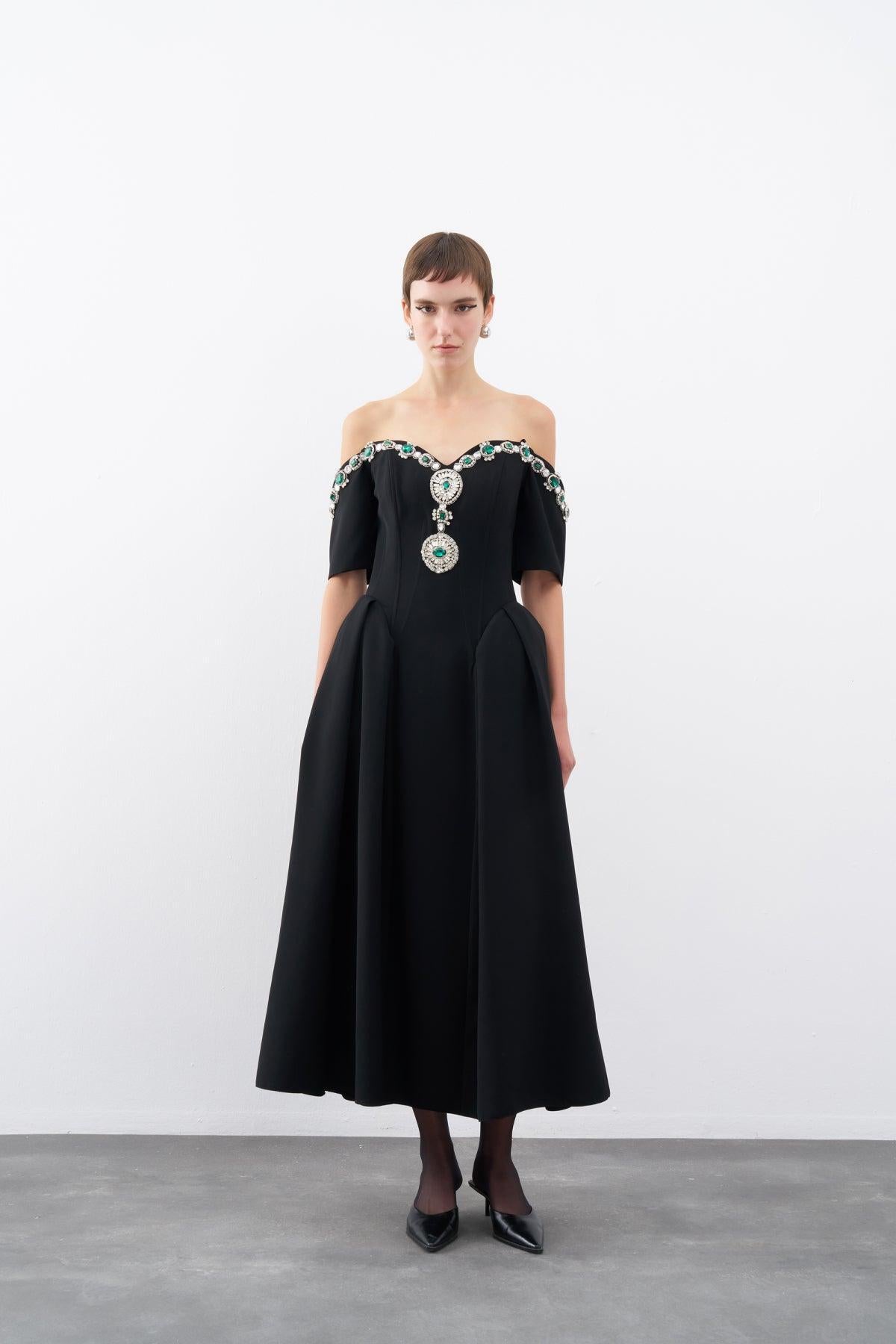 Stone Embroidered Off Shoulder Pleated Midi Evening Dress