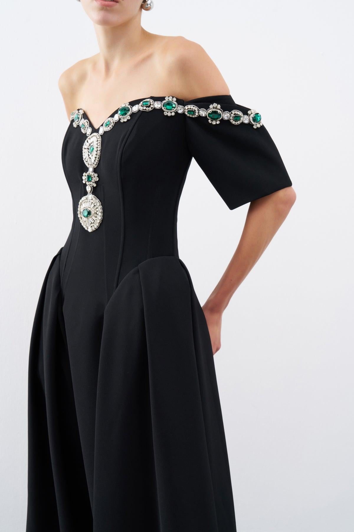 Stone Embroidered Off Shoulder Pleated Midi Evening Dress
