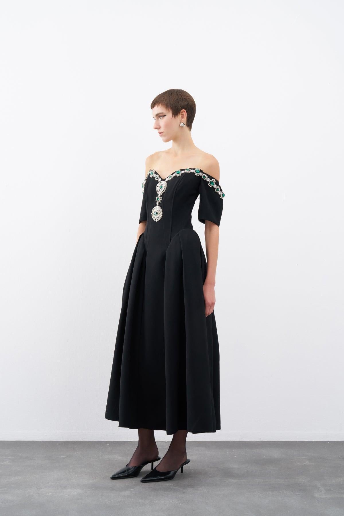 Stone Embroidered Off Shoulder Pleated Midi Evening Dress