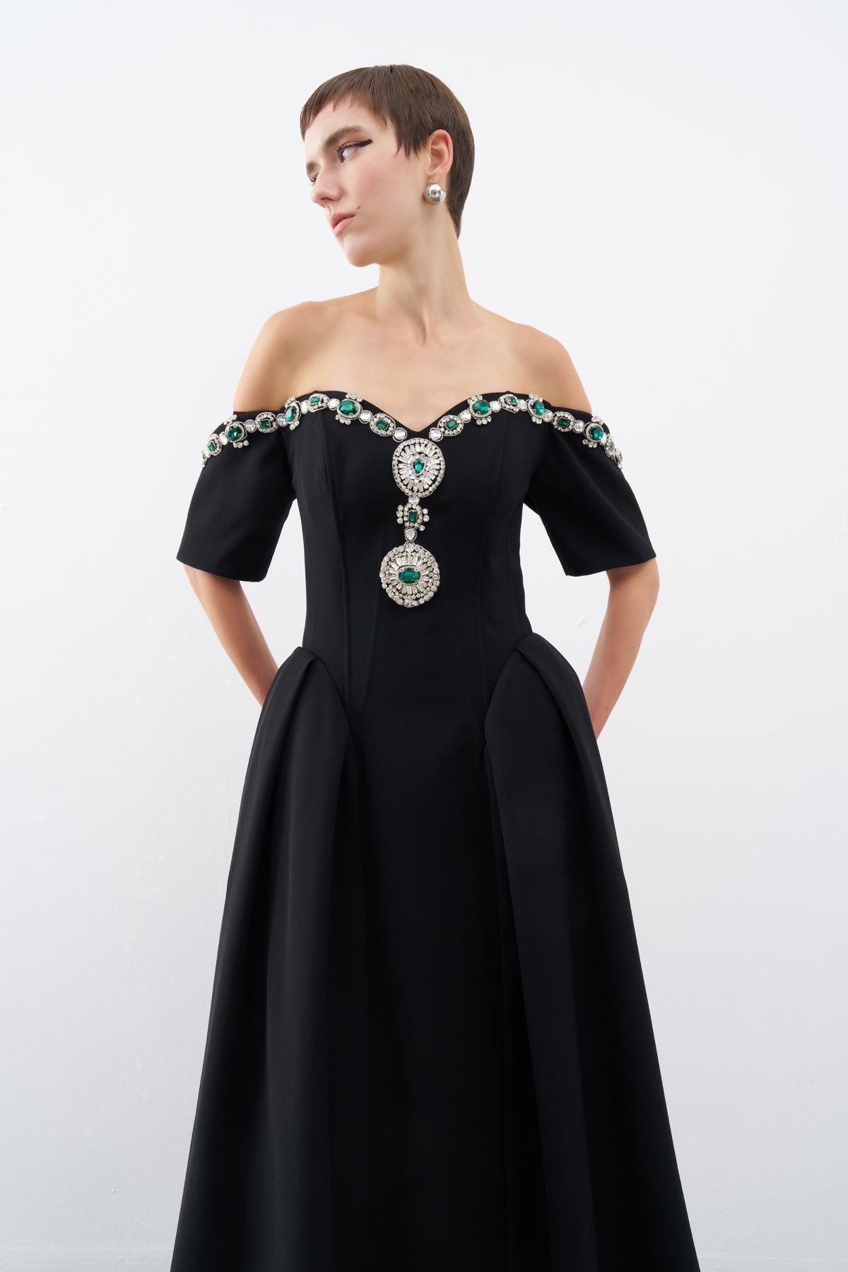 Stone Embroidered Off Shoulder Pleated Midi Evening Dress
