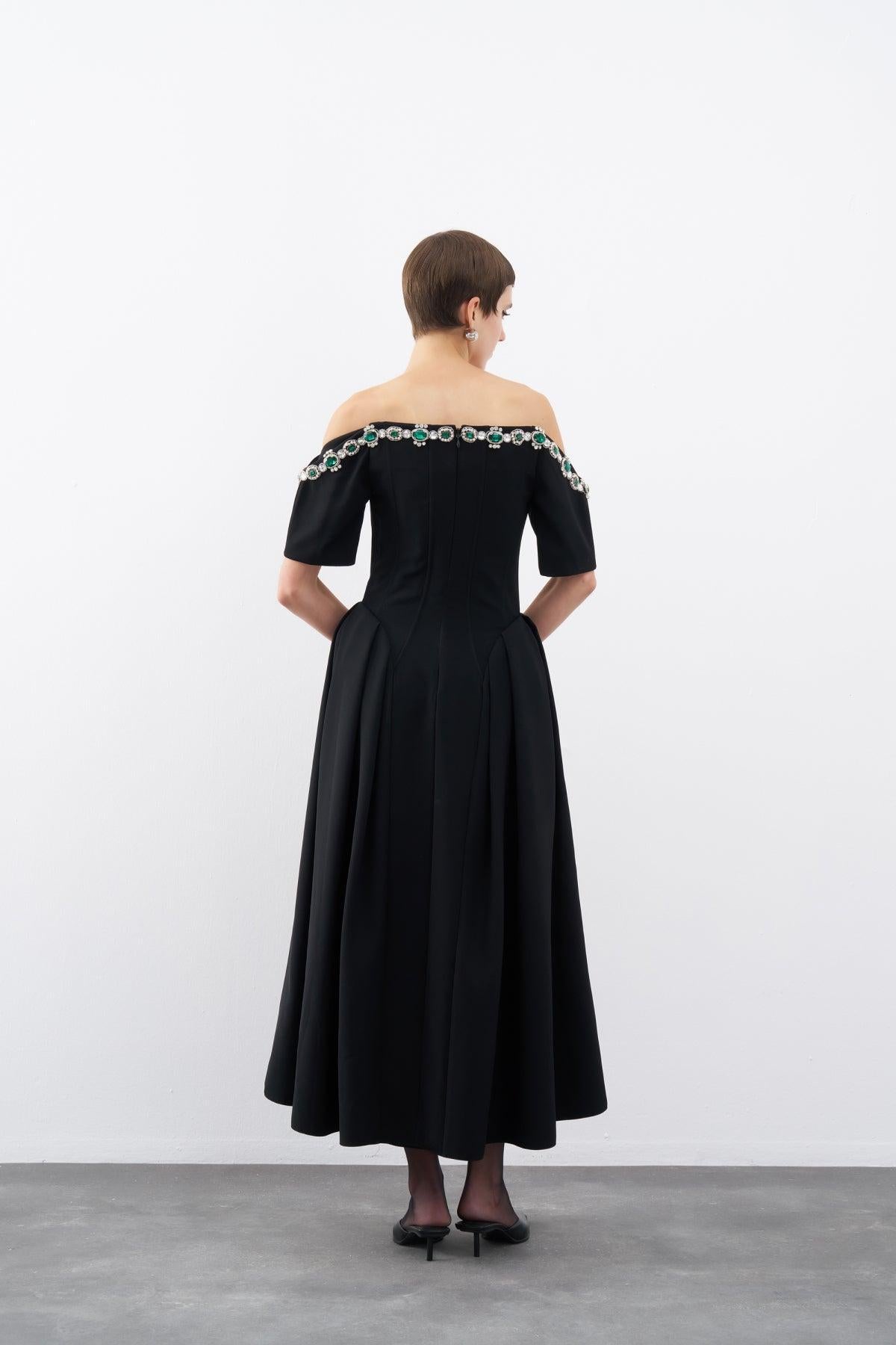 Stone Embroidered Off Shoulder Pleated Midi Evening Dress