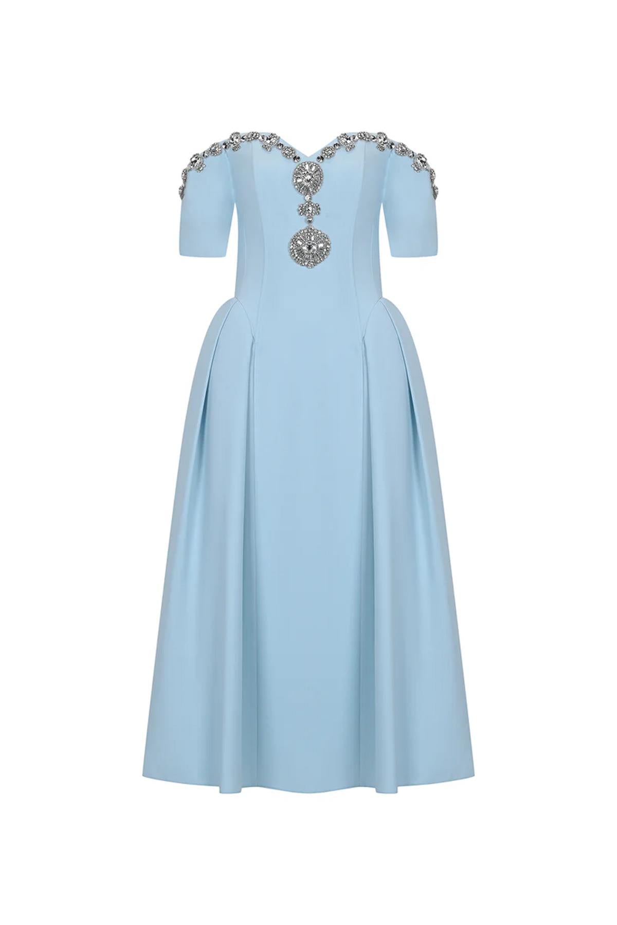 Taş işlemeli Düşük Omuz Pileli Midi Abiye Elbise