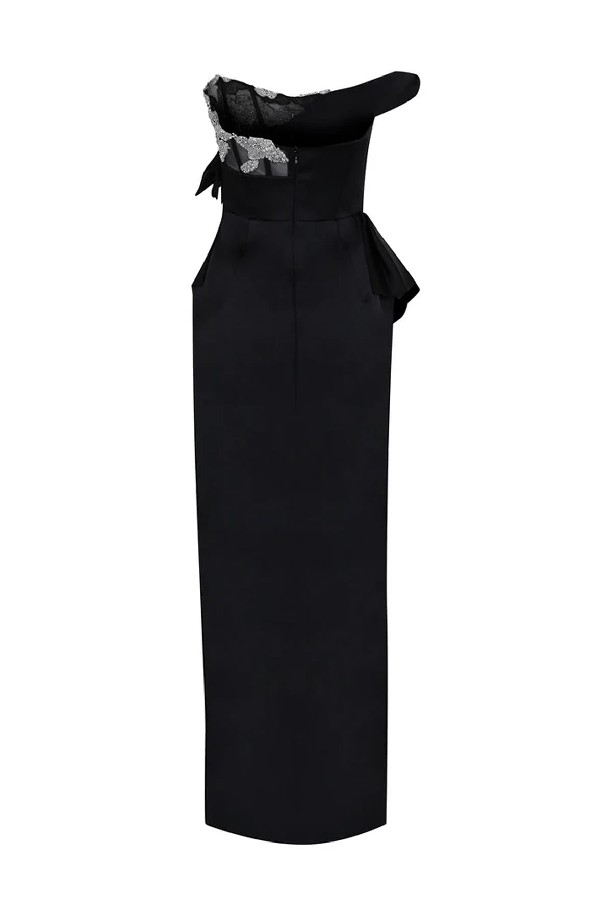 Taş İşlemeli Fiyonk Detaylı Straplez Uzun Abiye Elbise