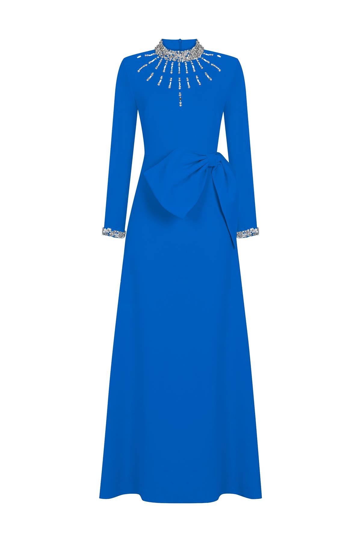 Stone Embroidered Bow Long Evening Dress