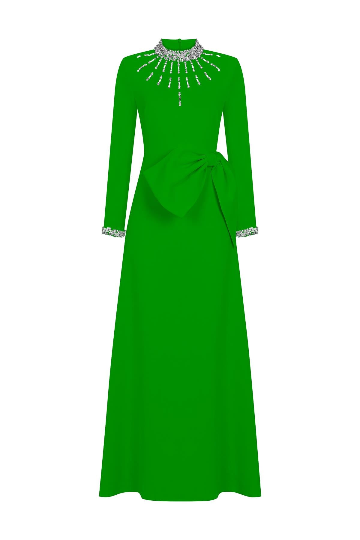 Stone Embroidered Bow Long Evening Dress