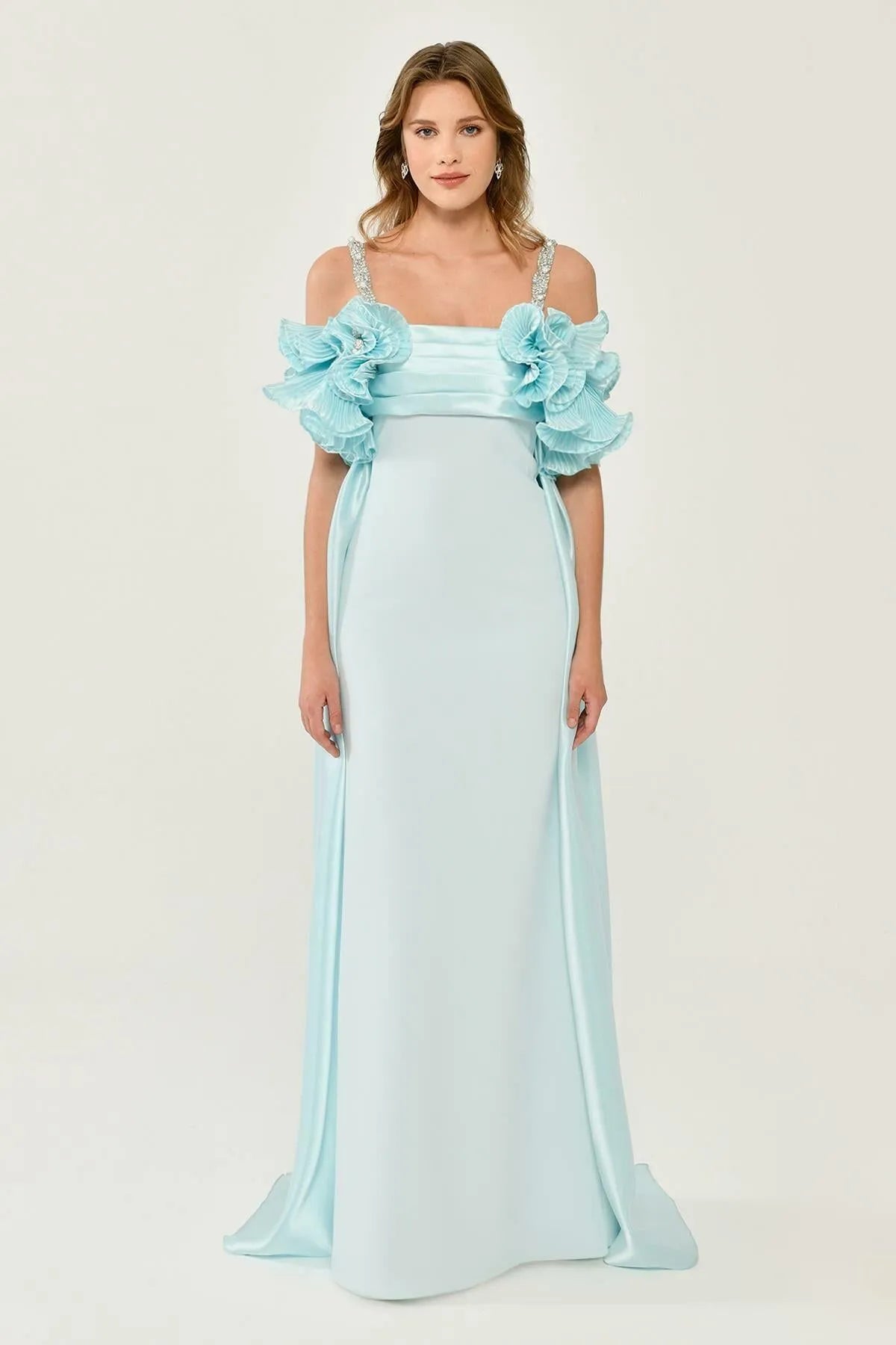 Long Evening Dress with Stone Strap and Tail