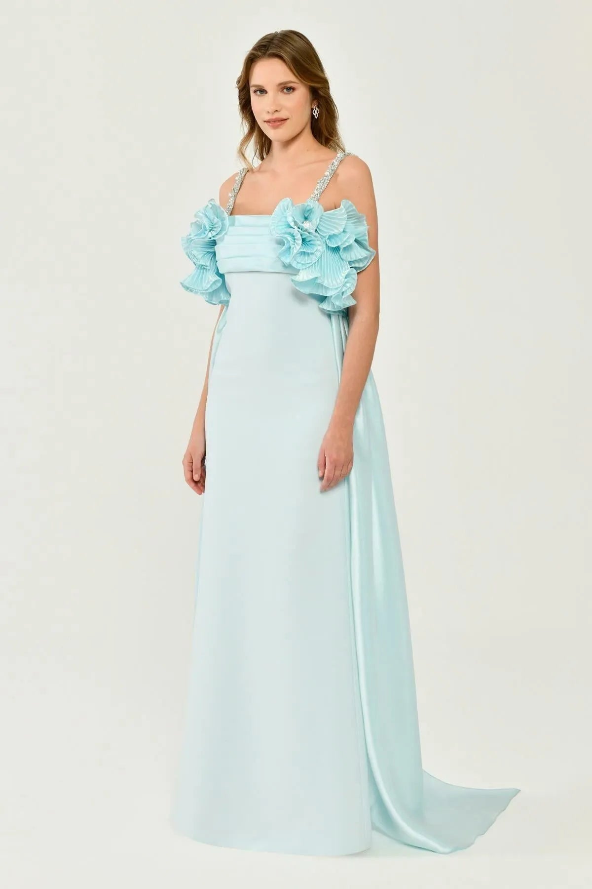 Long Evening Dress with Stone Strap and Tail