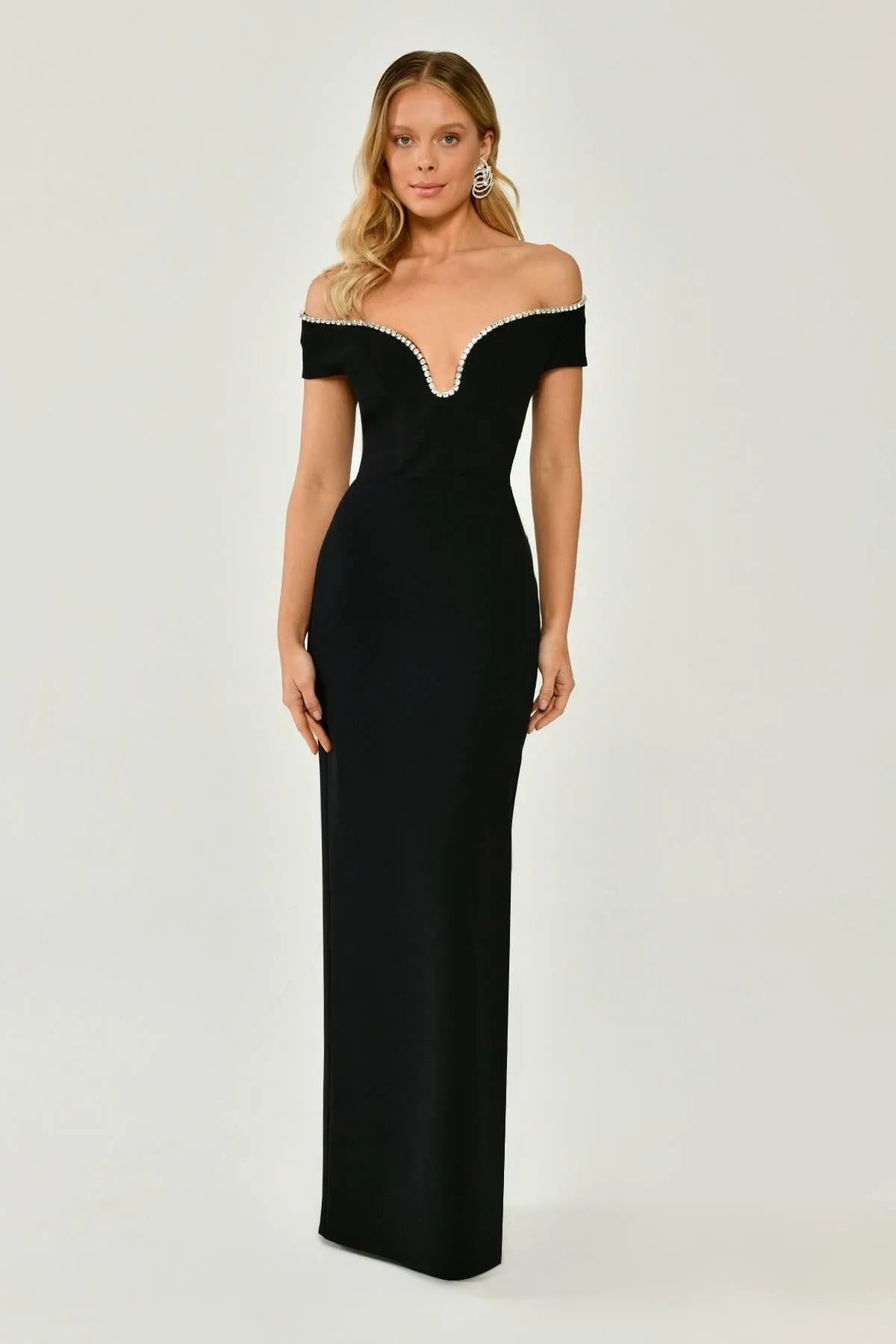 Off Shoulder Stoned Crepe Long Evening Dress