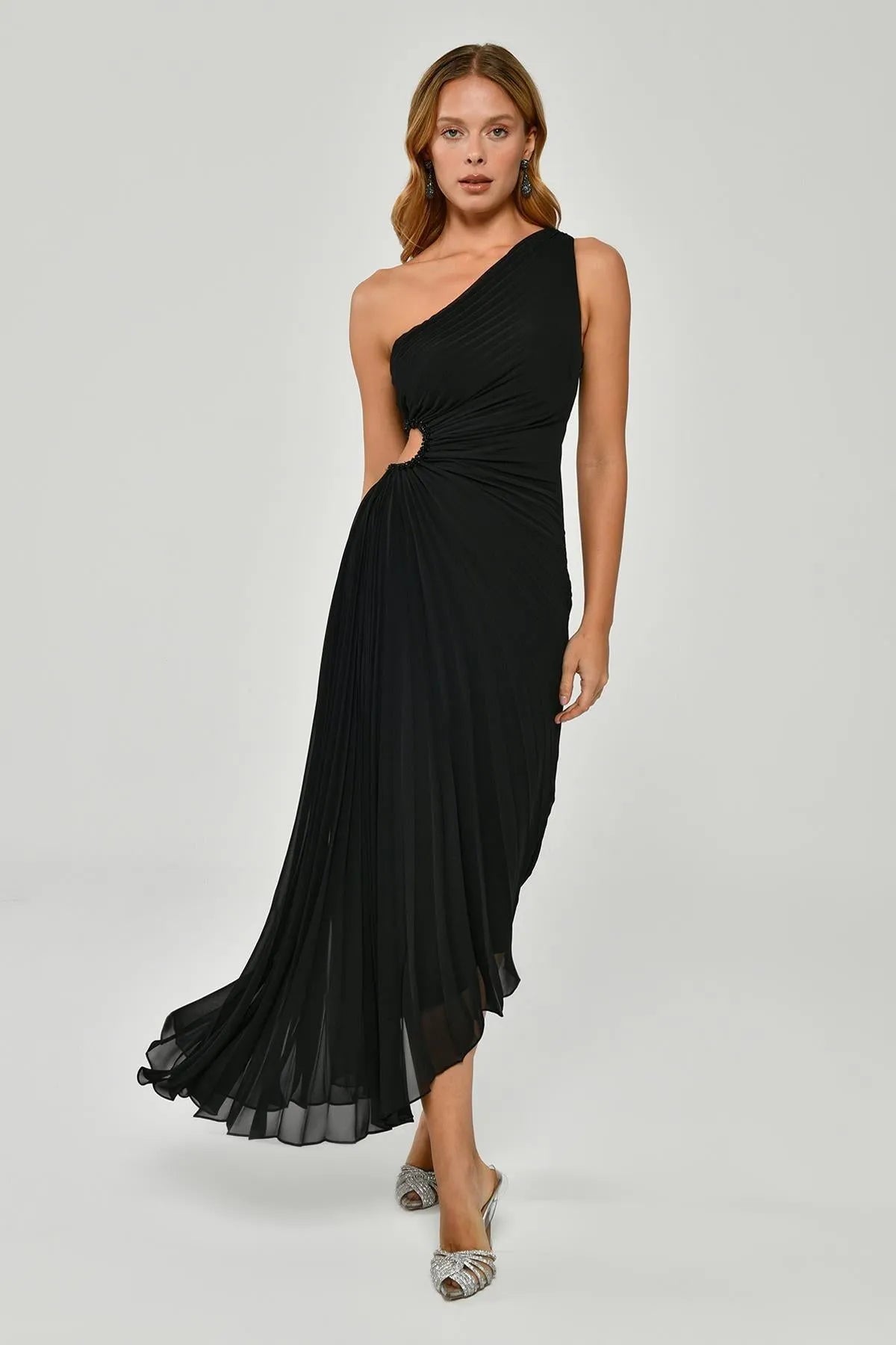 One Shoulder Asymmetrical Cut Pleated Midi Evening Dress