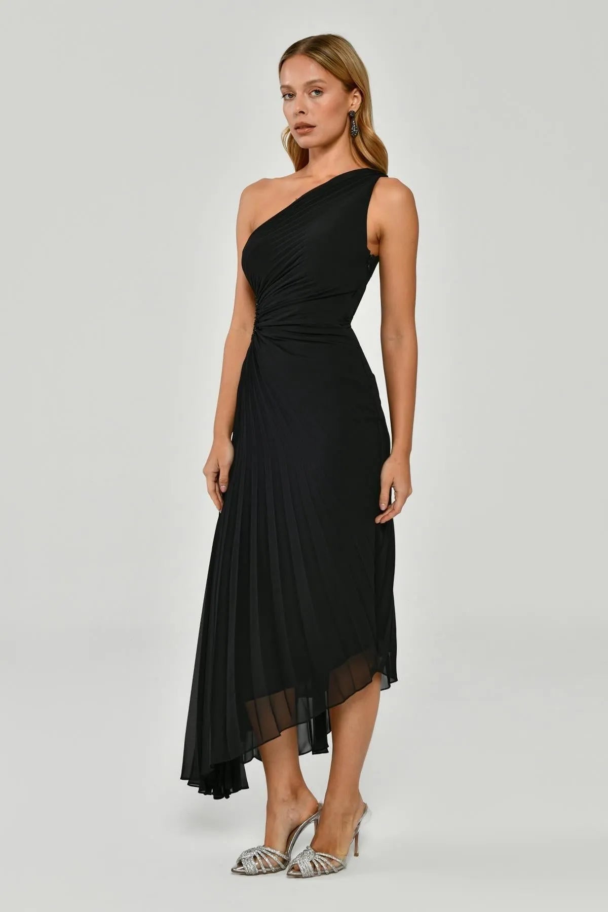 One Shoulder Asymmetrical Cut Pleated Midi Evening Dress