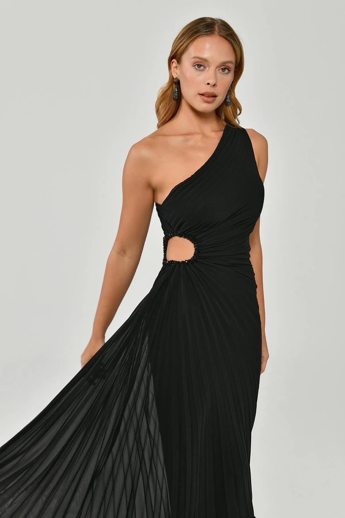 One Shoulder Asymmetrical Cut Pleated Midi Evening Dress