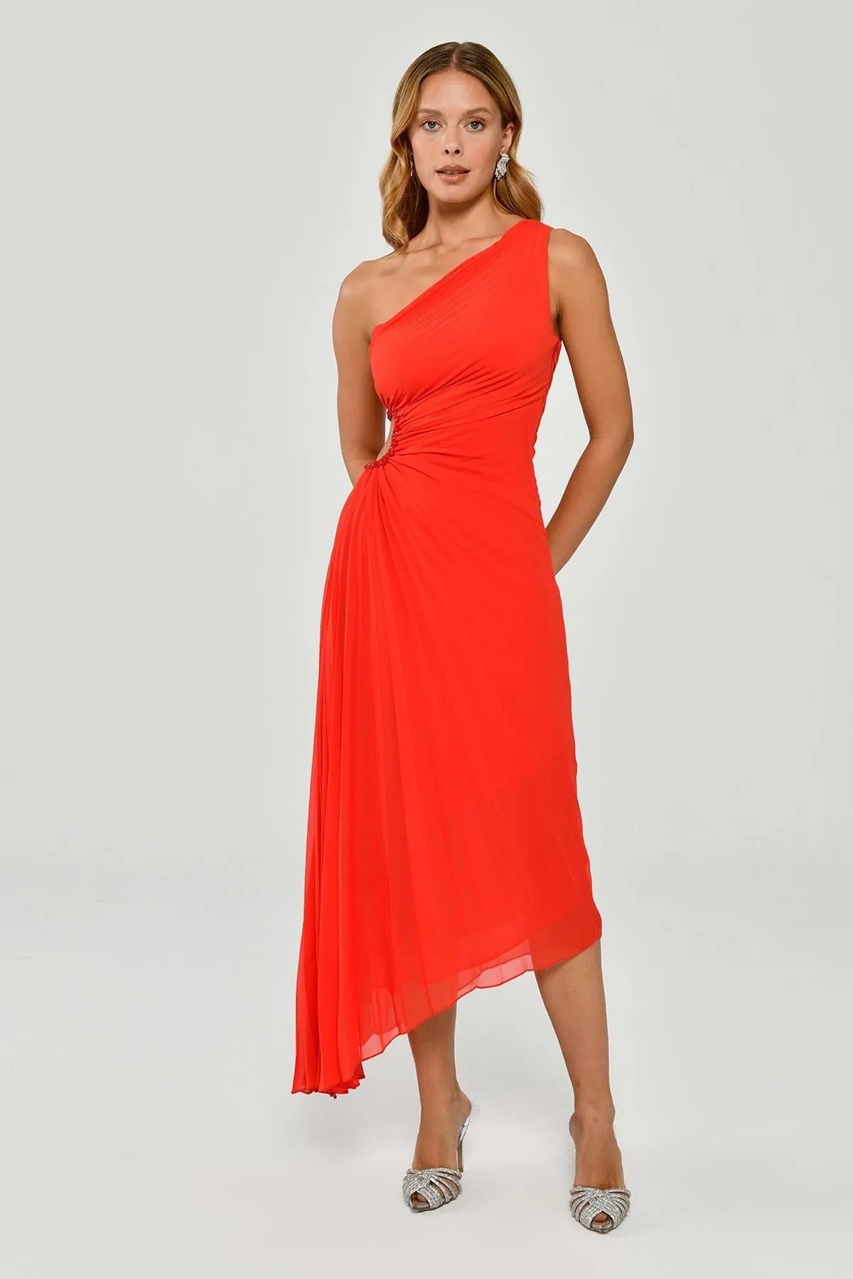 One Shoulder Asymmetrical Cut Pleated Midi Evening Dress