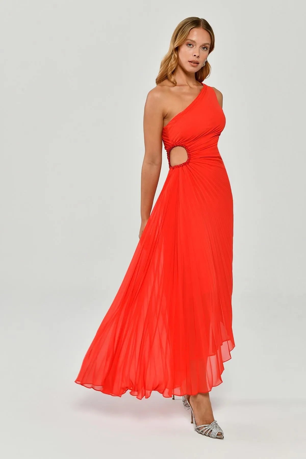 One Shoulder Asymmetrical Cut Pleated Midi Evening Dress