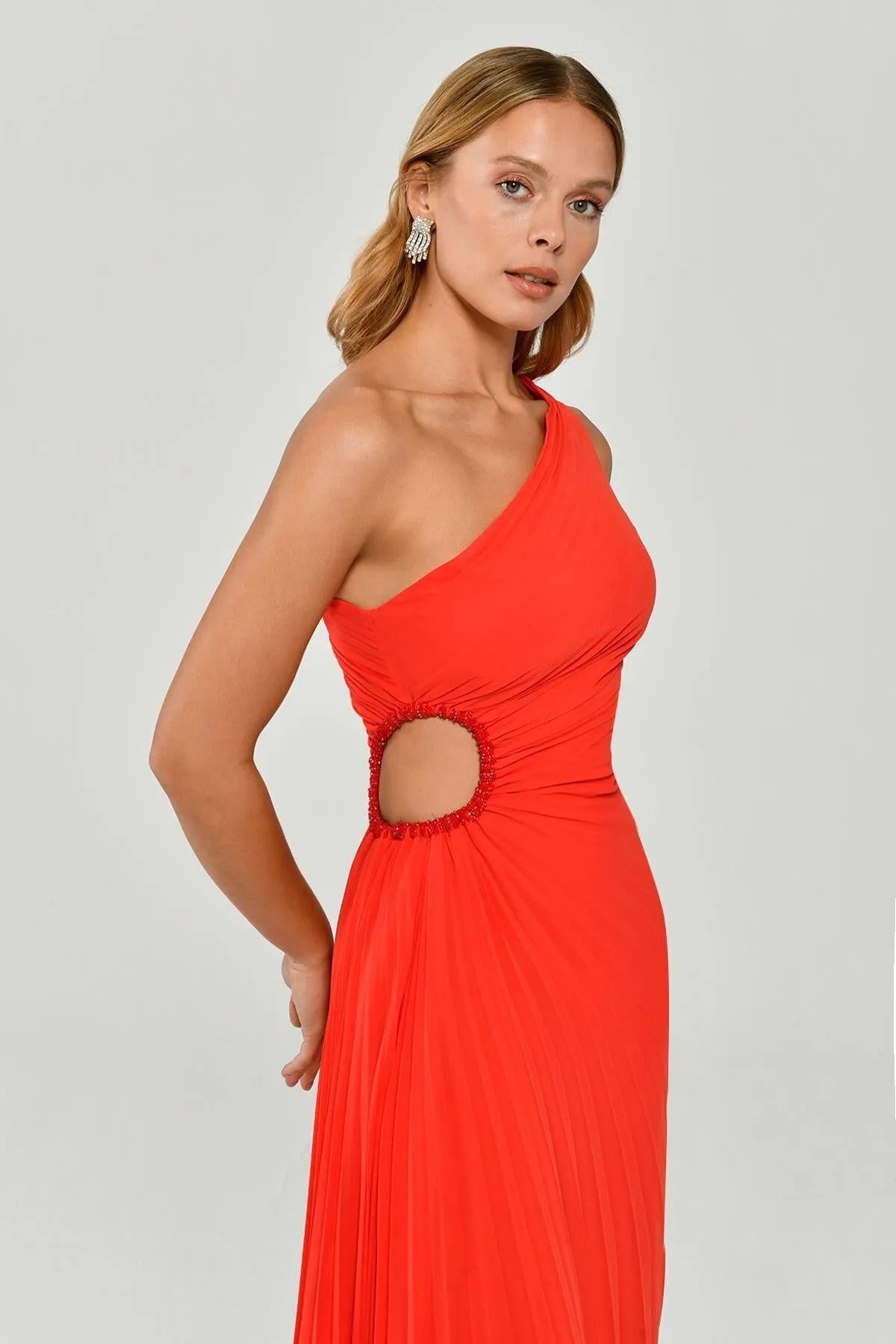 One Shoulder Asymmetrical Cut Pleated Midi Evening Dress