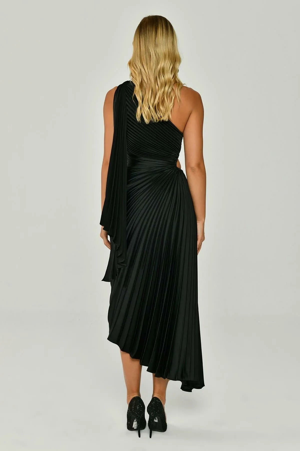 One Shoulder Pleated Satin Asymmetrical Cut Midi Evening Dress