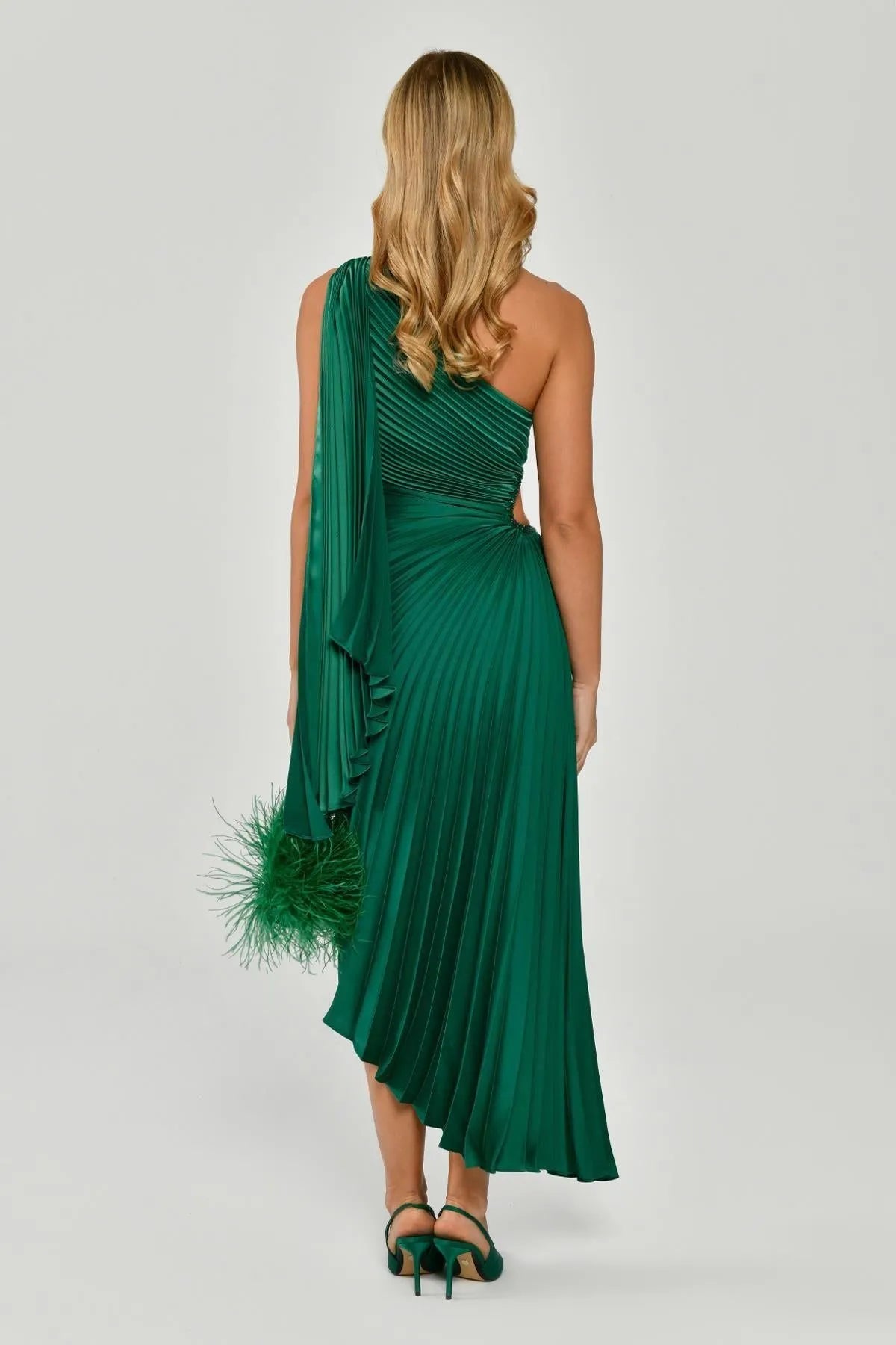 One Shoulder Pleated Satin Asymmetrical Cut Midi Evening Dress