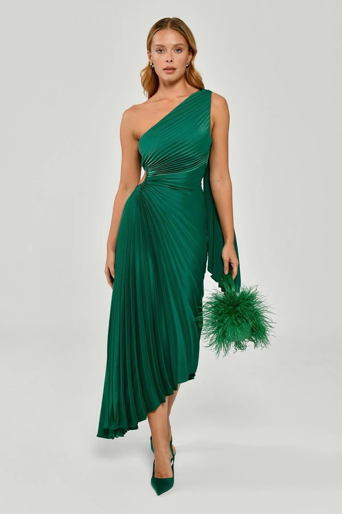 One Shoulder Pleated Satin Asymmetrical Cut Midi Evening Dress