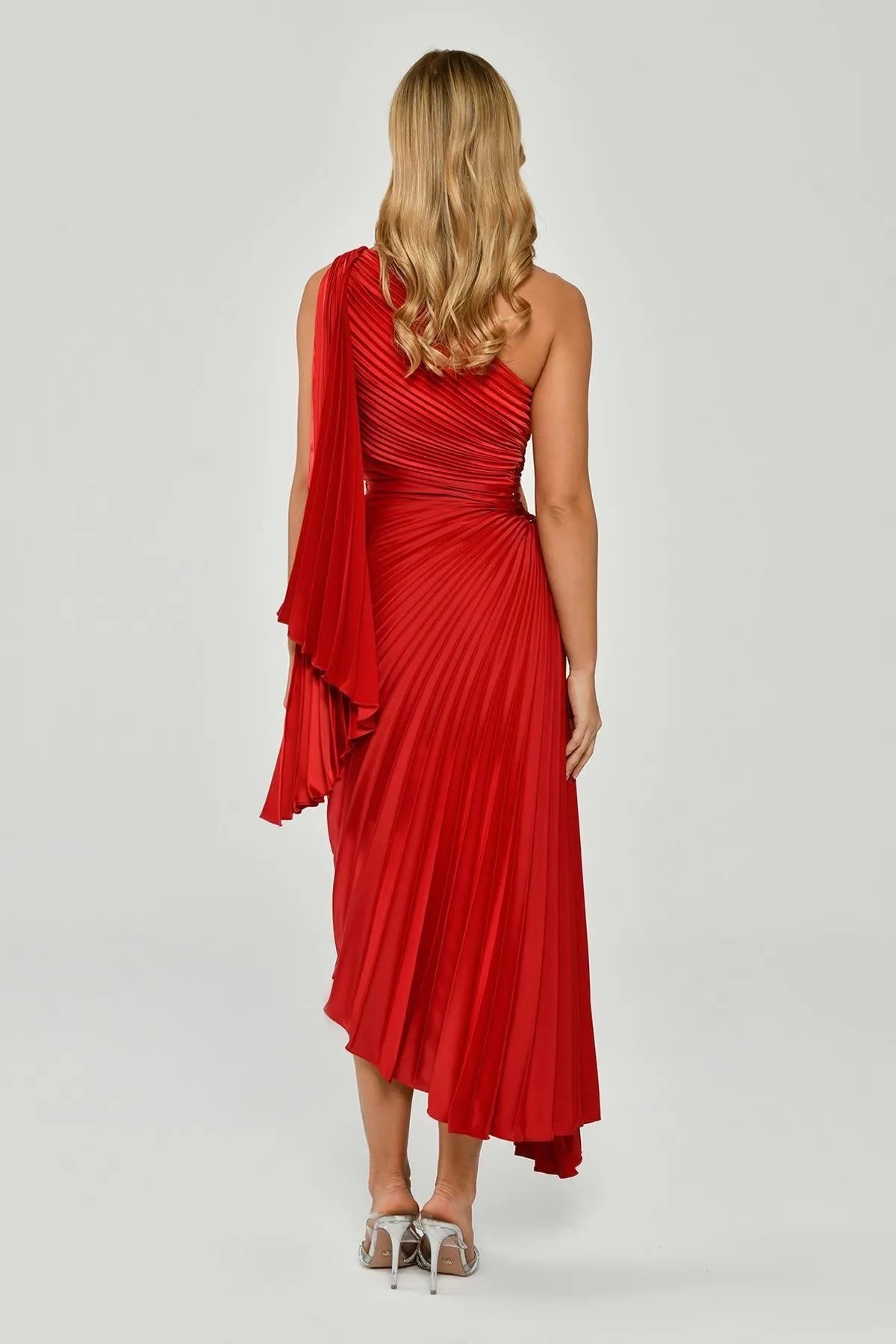 One Shoulder Pleated Satin Asymmetrical Cut Midi Evening Dress