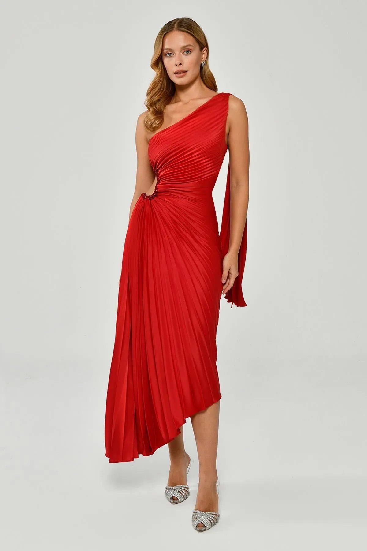 One Shoulder Pleated Satin Asymmetrical Cut Midi Evening Dress