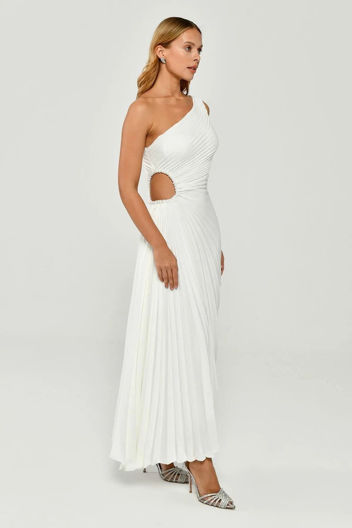 One Shoulder Pleated Satin Asymmetrical Cut Midi Evening Dress