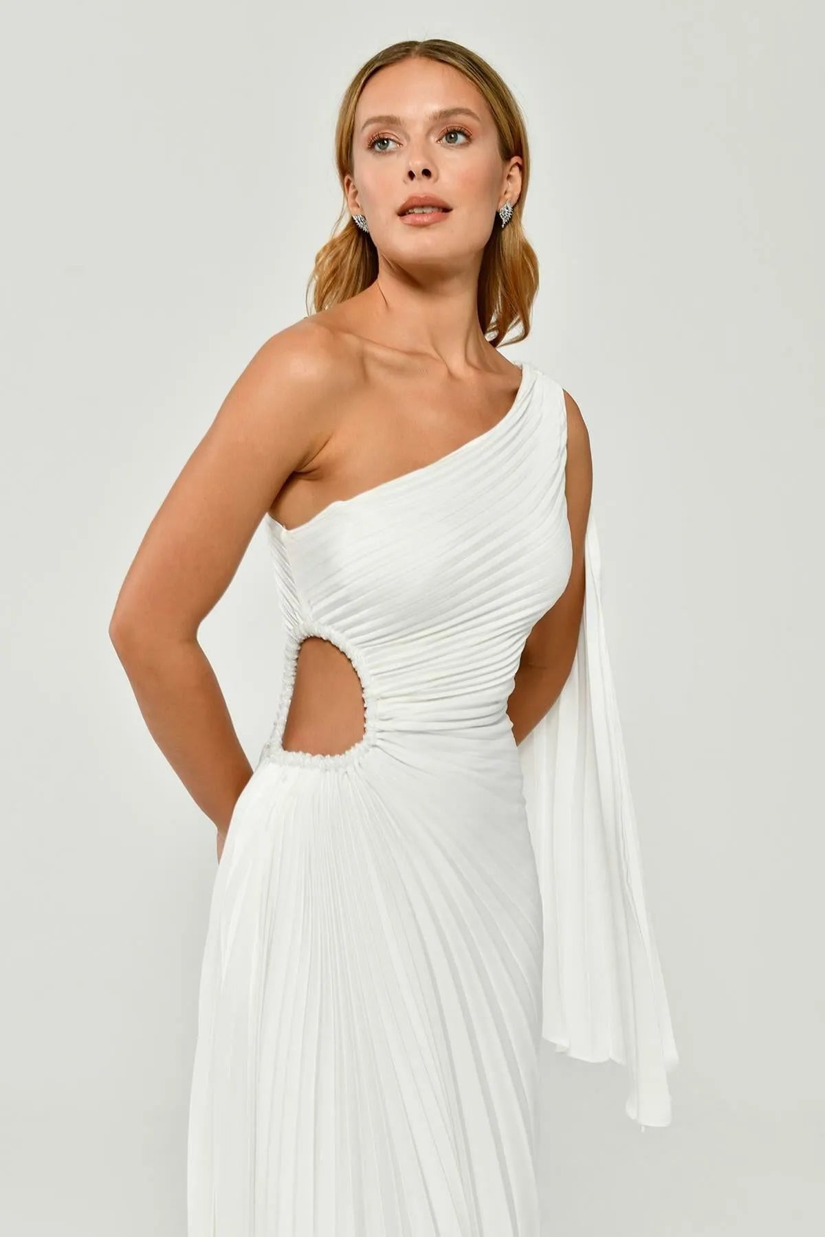 One Shoulder Pleated Satin Asymmetrical Cut Midi Evening Dress