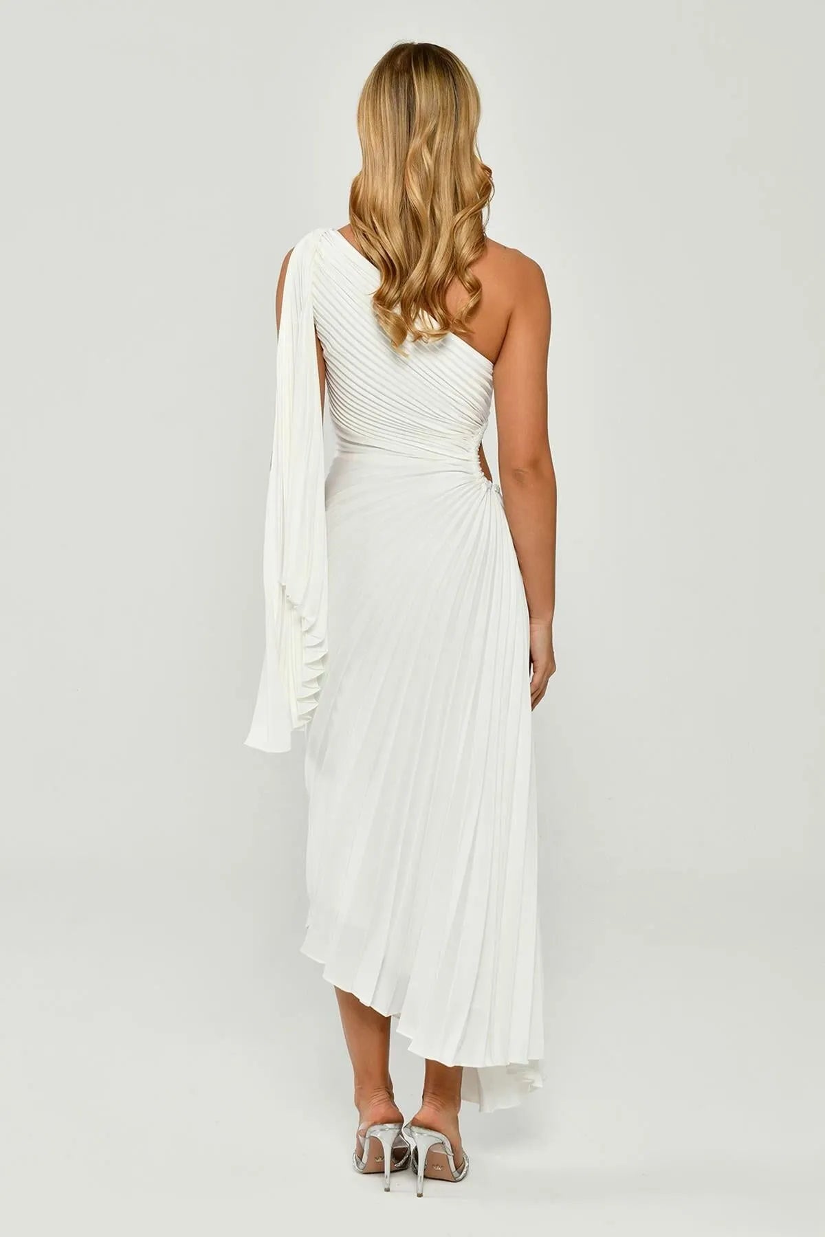 One Shoulder Pleated Satin Asymmetrical Cut Midi Evening Dress