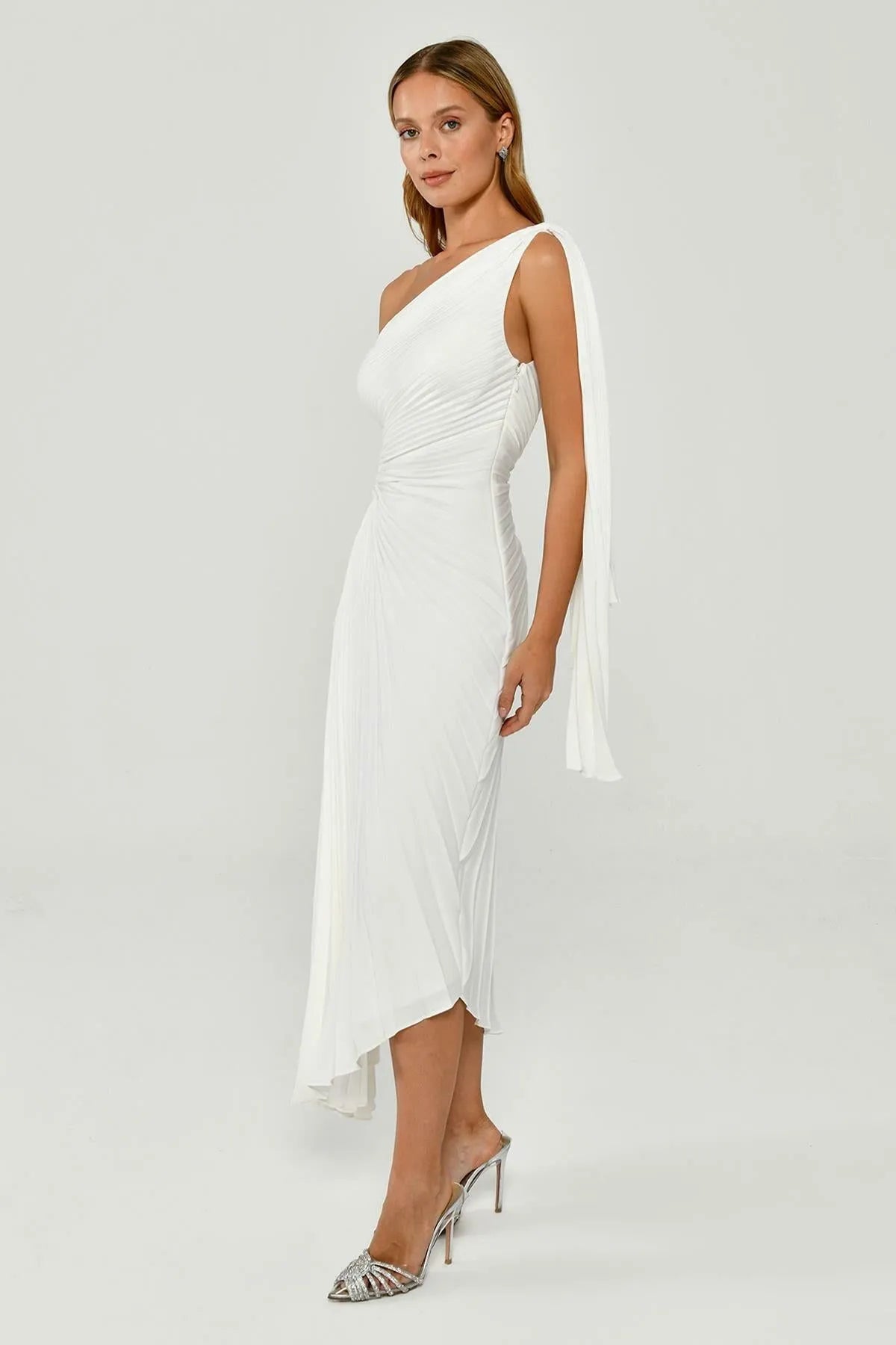 One Shoulder Pleated Satin Asymmetrical Cut Midi Evening Dress