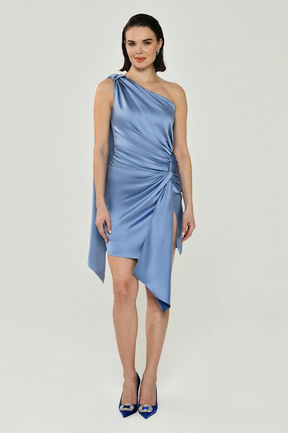 Alfabeta One Shoulder Satin Mini Evening Dress