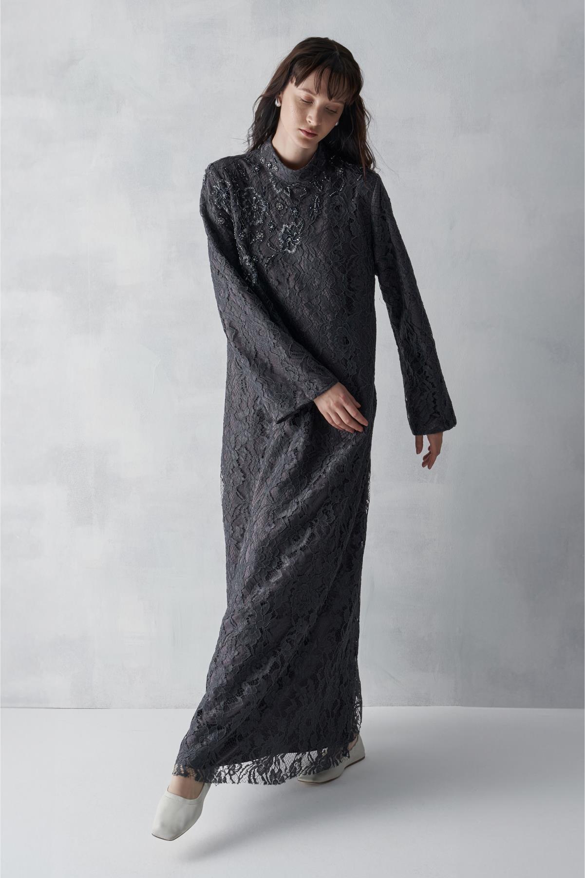 Tek Omuz Taş İşli Komple Dantel Elbise - Eser Giyim