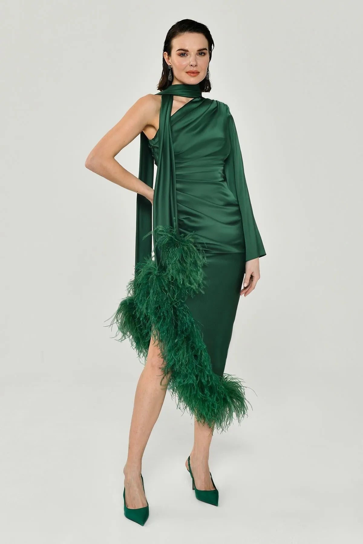 Single Long Sleeve Otrisch Satin Midi Evening Dress