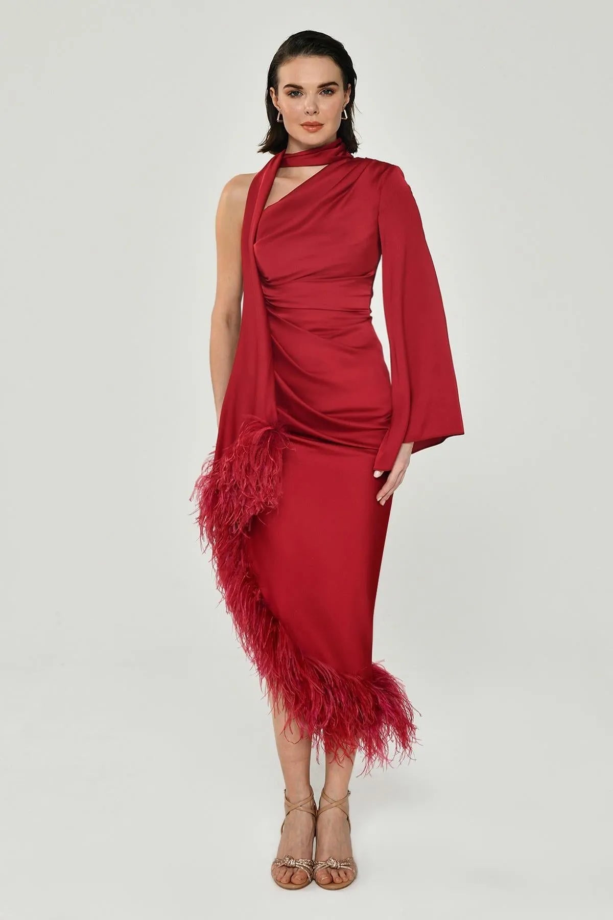 Single Long Sleeve Otrisch Satin Midi Evening Dress