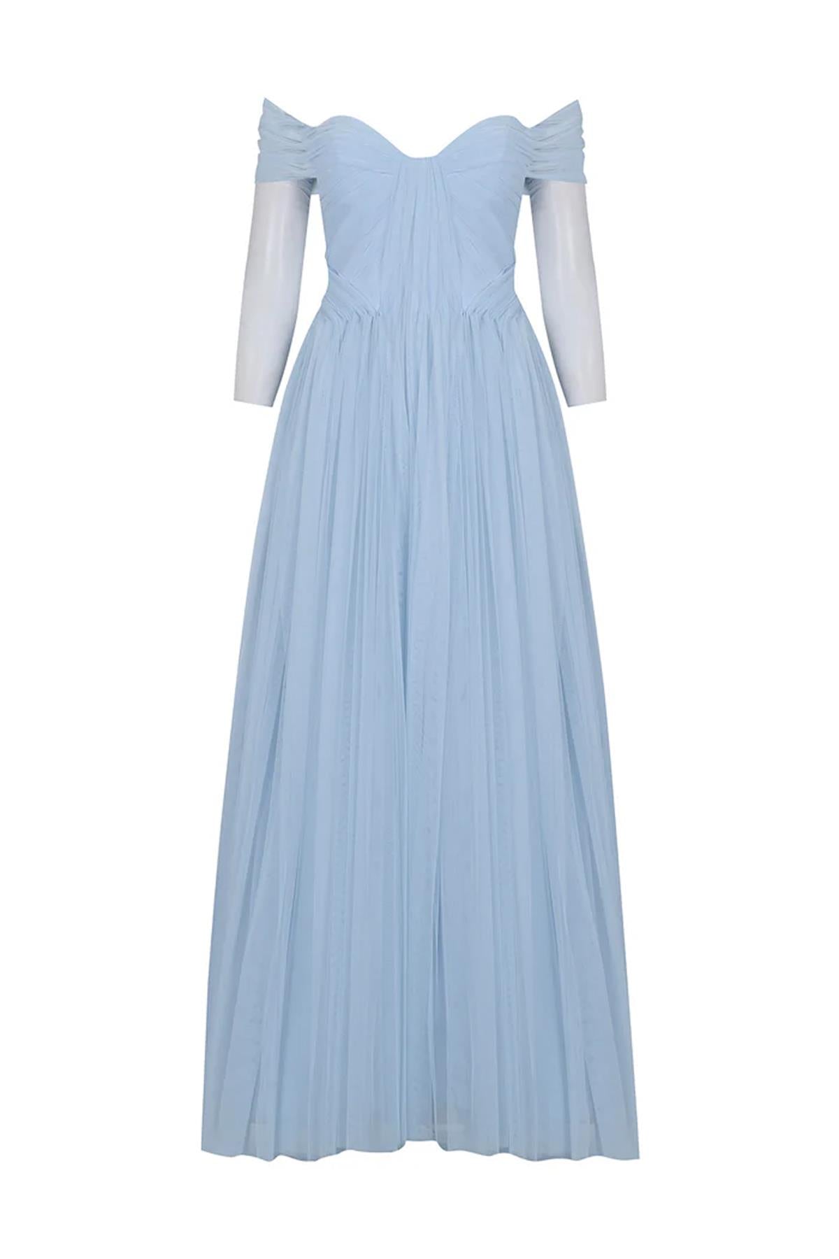 Transparan Tül Kollu Straplez Uzun Abiye