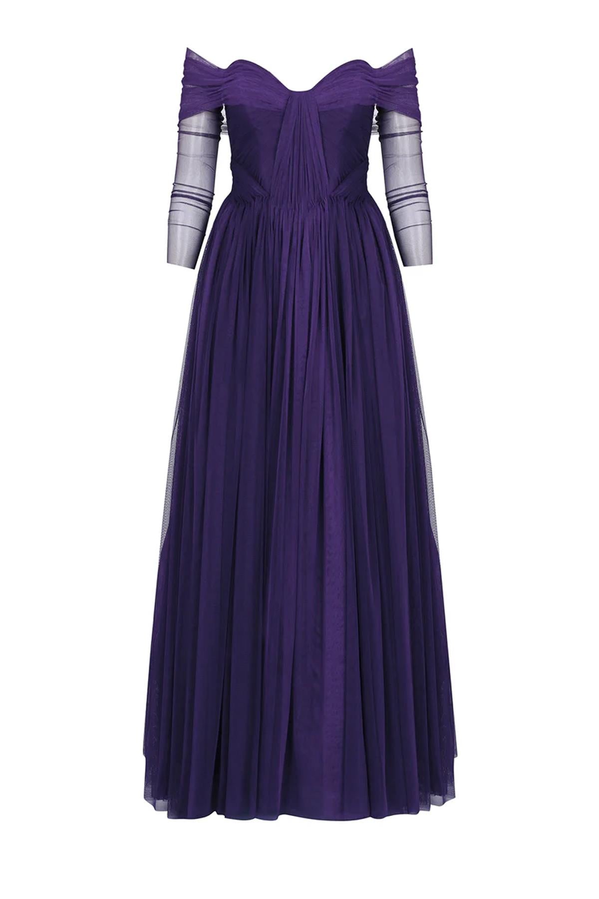 Transparan Tül Kollu Straplez Uzun Abiye