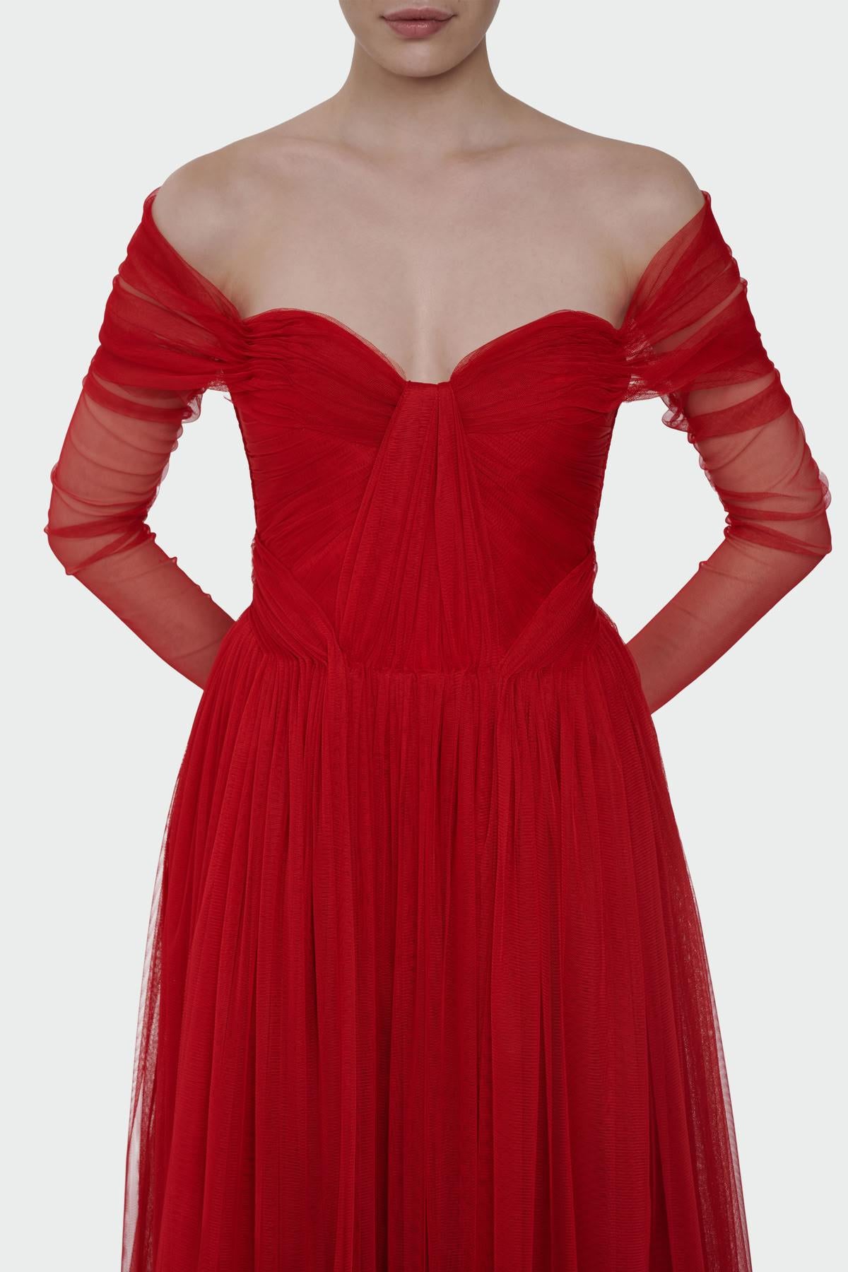 Transparent Tulle Sleeve Strapless Long Evening Dress