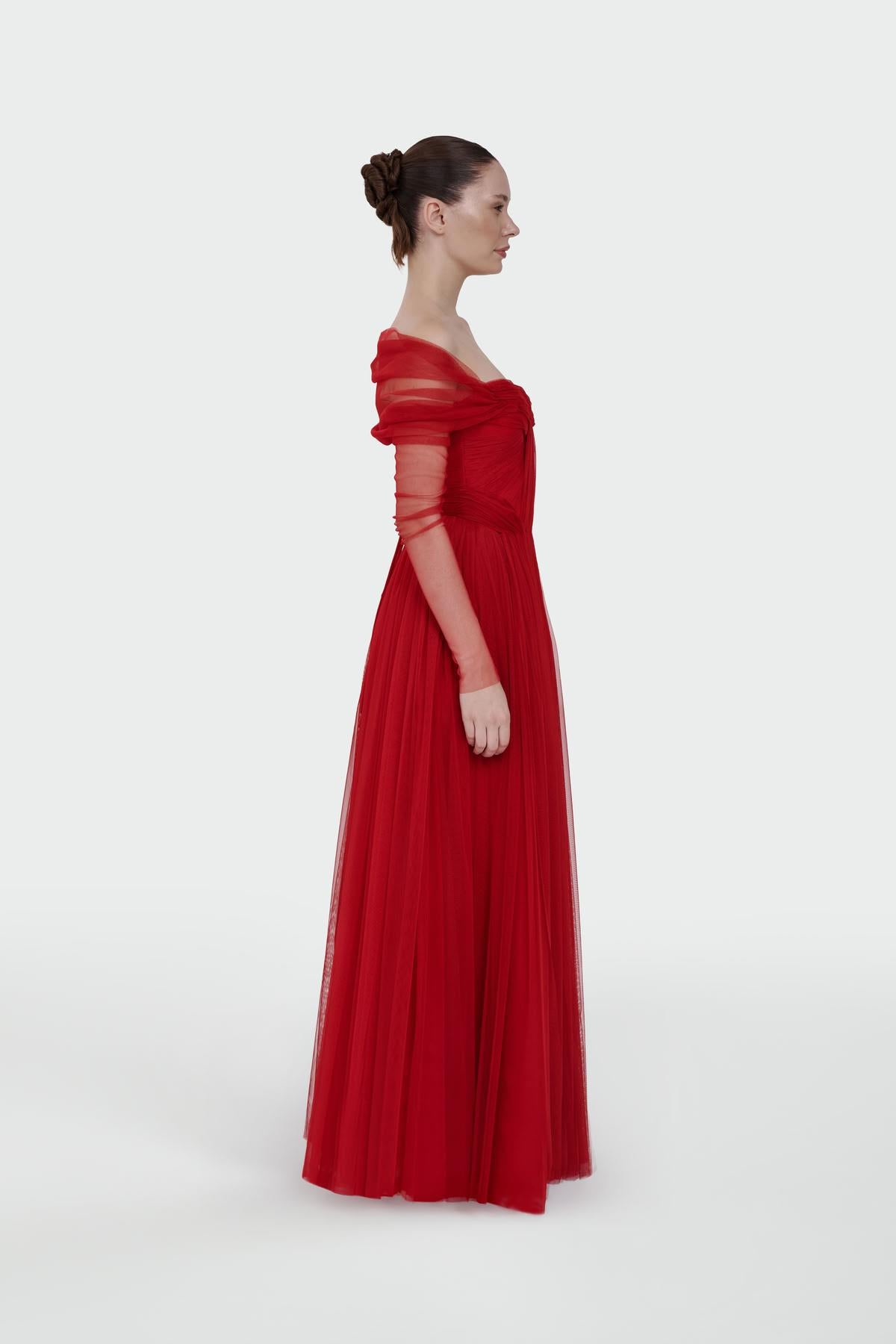 Transparent Tulle Sleeve Strapless Long Evening Dress