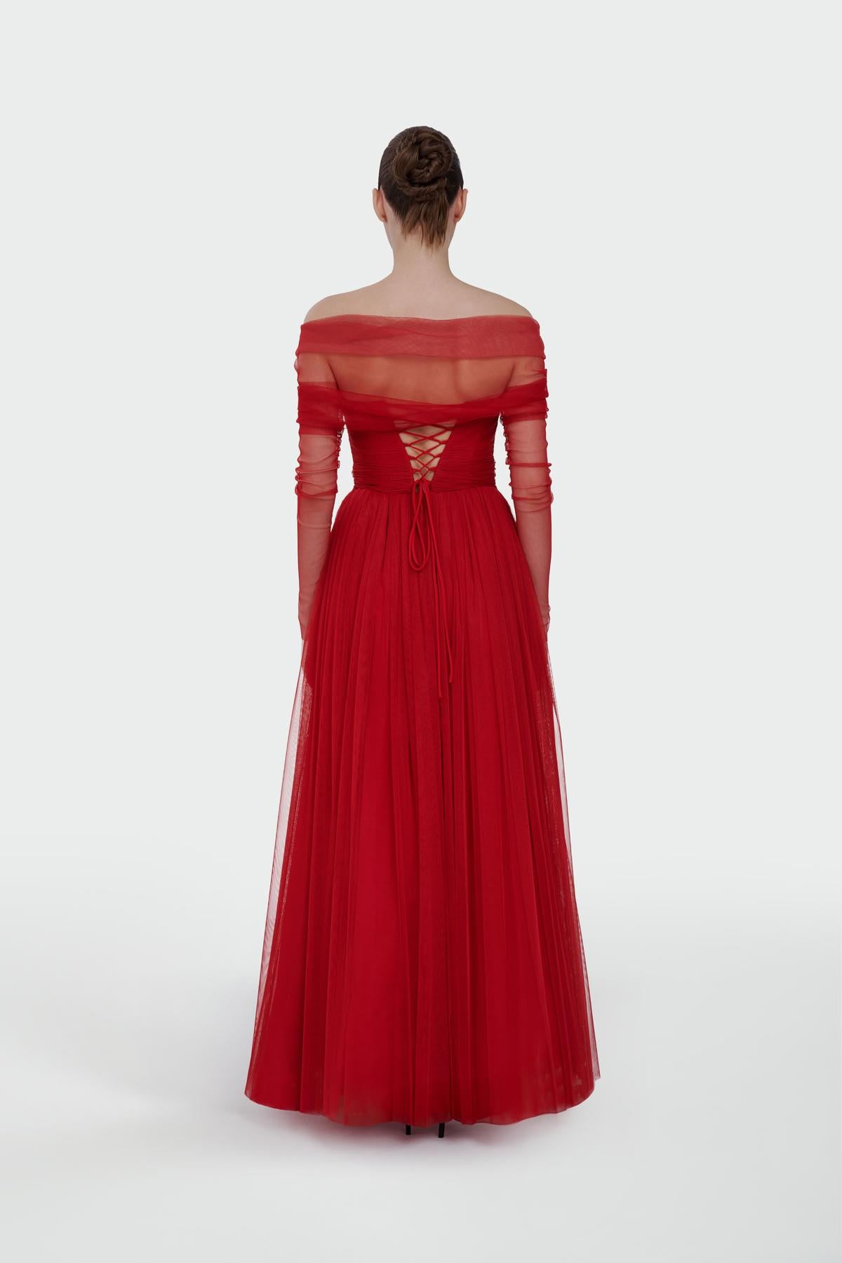 Transparent Tulle Sleeve Strapless Long Evening Dress