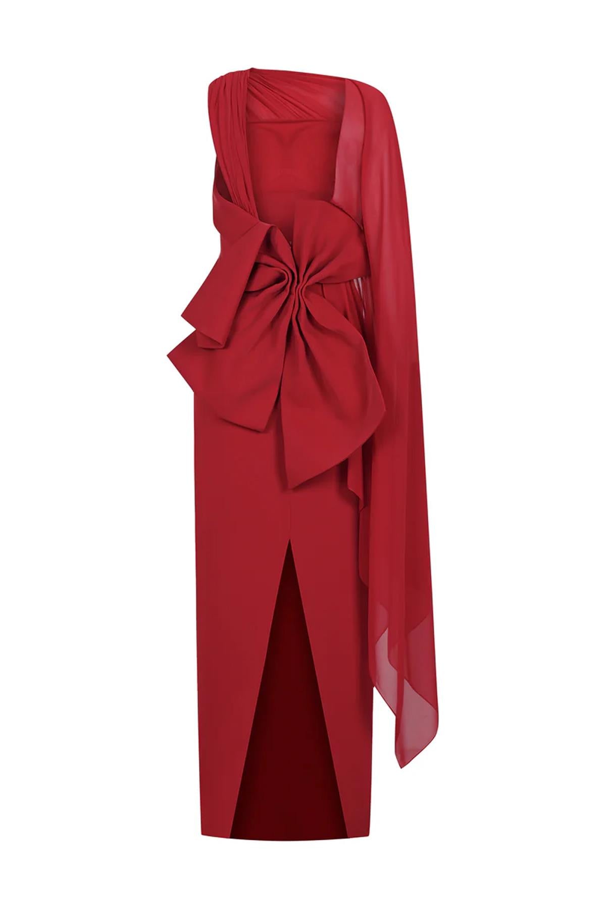 Tül Pelerinli Arka Fiyonk Detaylı Straplez Uzun Abiye Elbise