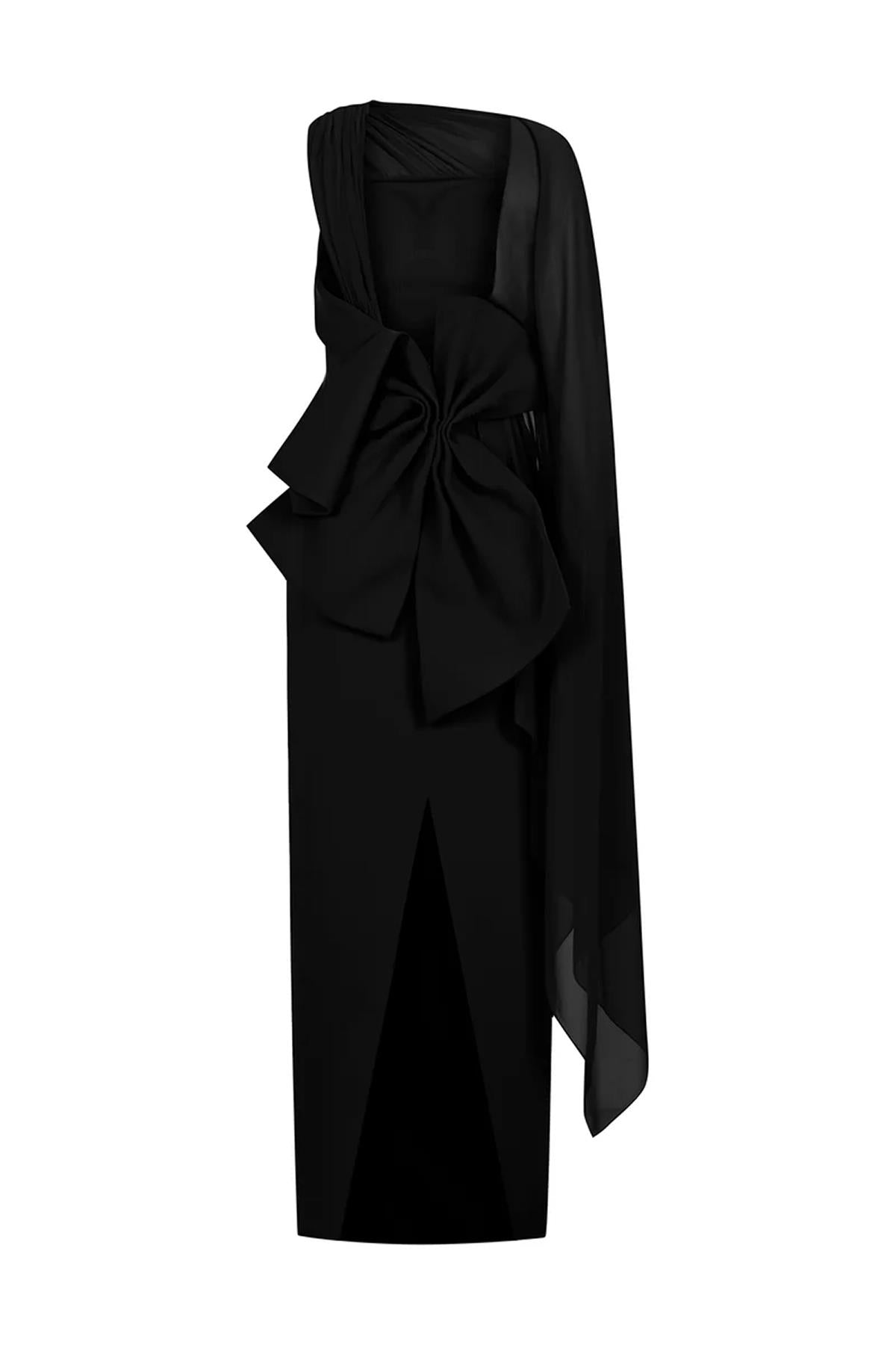 Tül Pelerinli Arka Fiyonk Detaylı Straplez Uzun Abiye Elbise