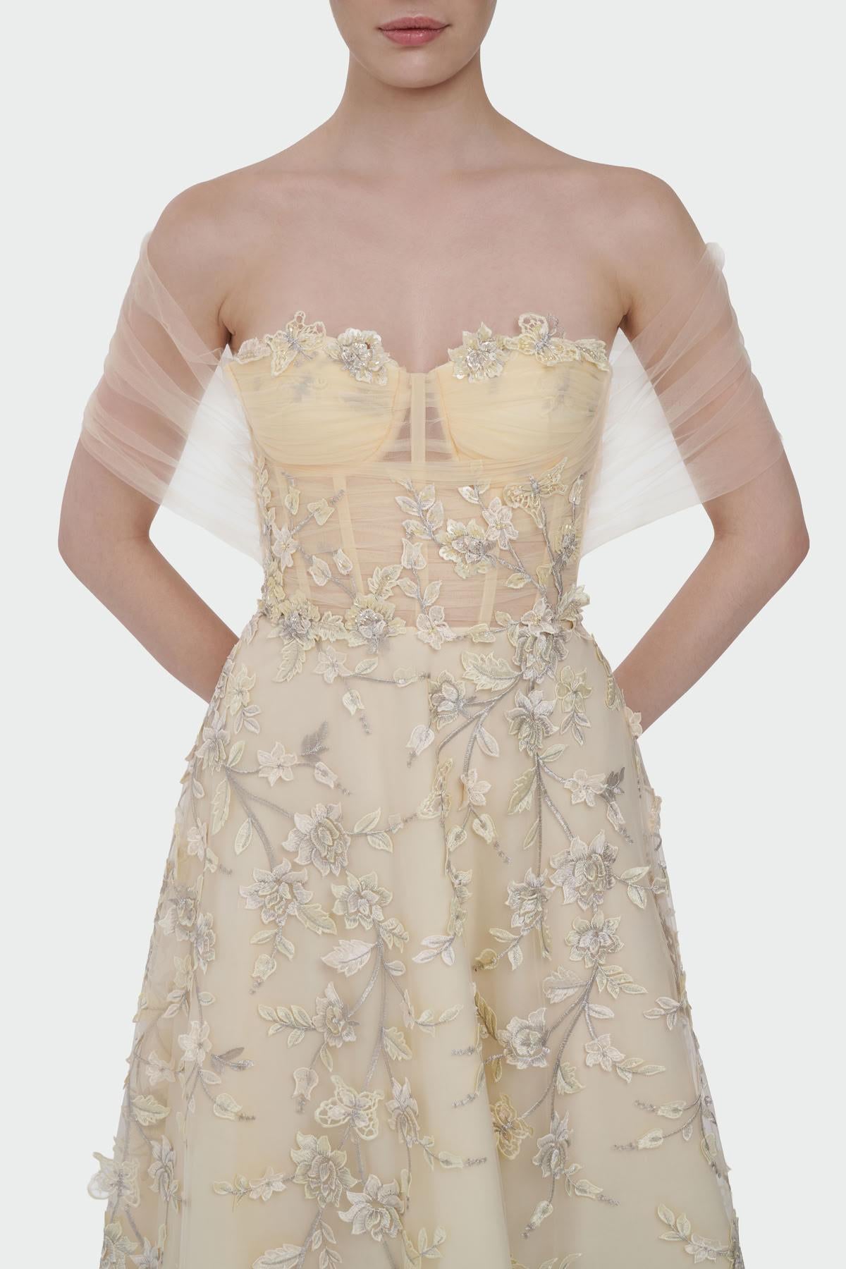 3D Floral Off-Shoulder Evening Dress