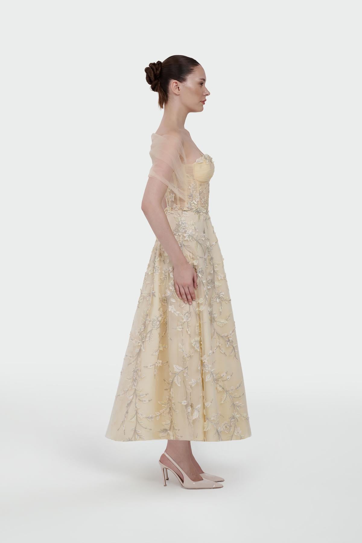 3D Floral Off-Shoulder Evening Dress