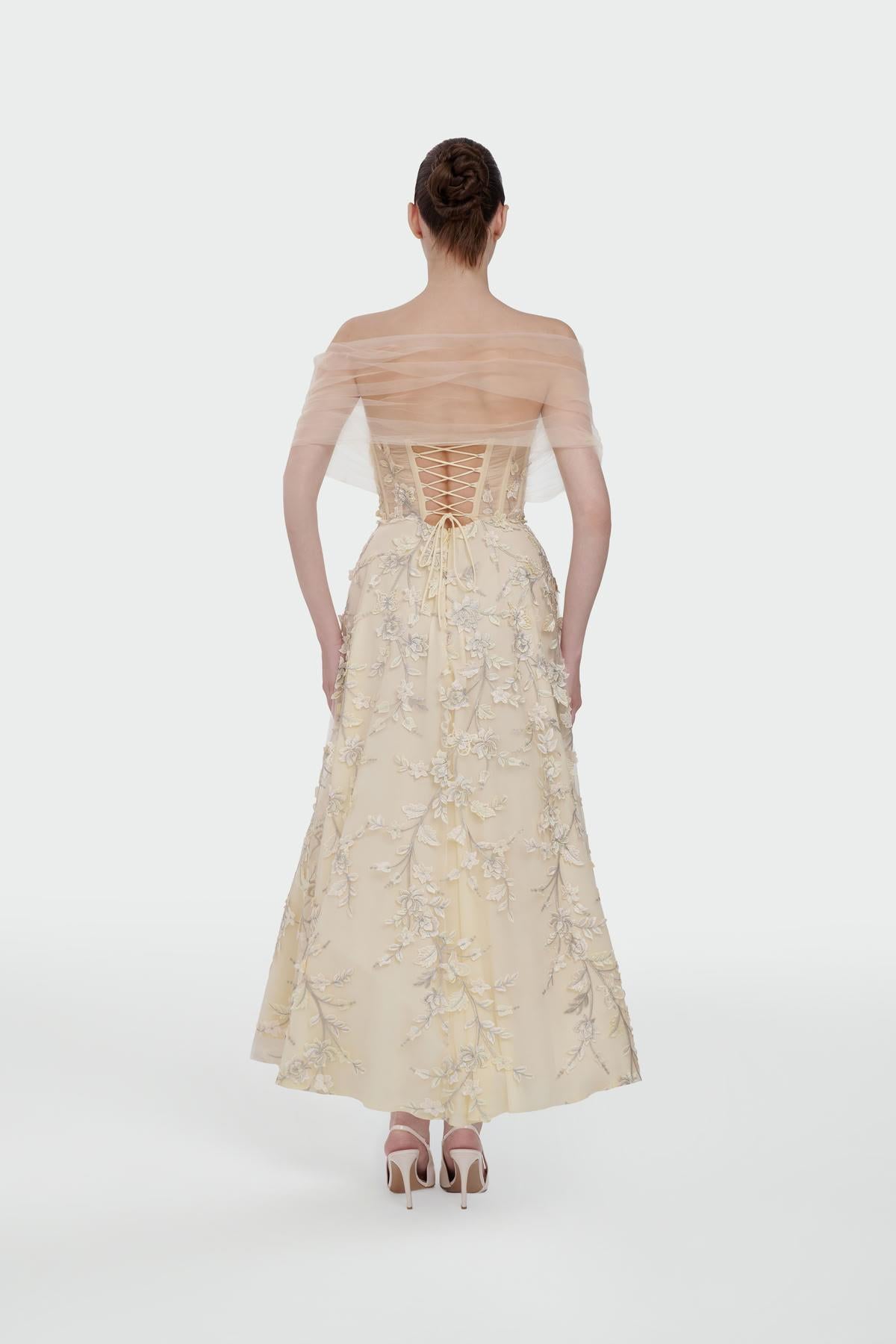 3D Floral Off-Shoulder Evening Dress