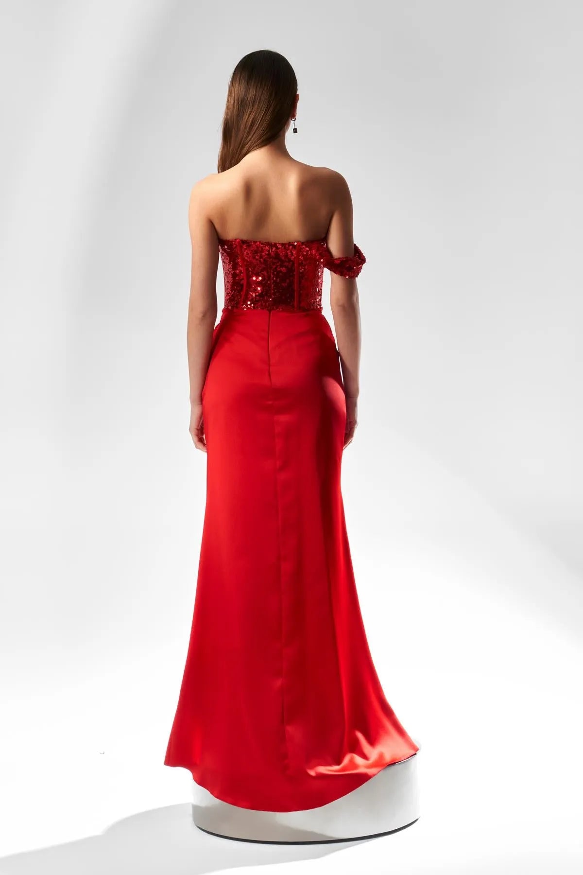 Long Evening Dress with Sequined Top and Satin Skirt