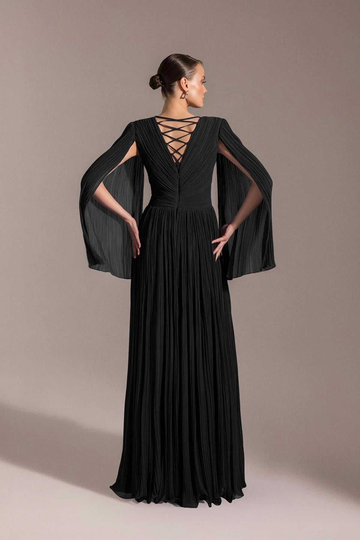 Long Sleeve Chest Drape Pleated Plus Size Evening Dress