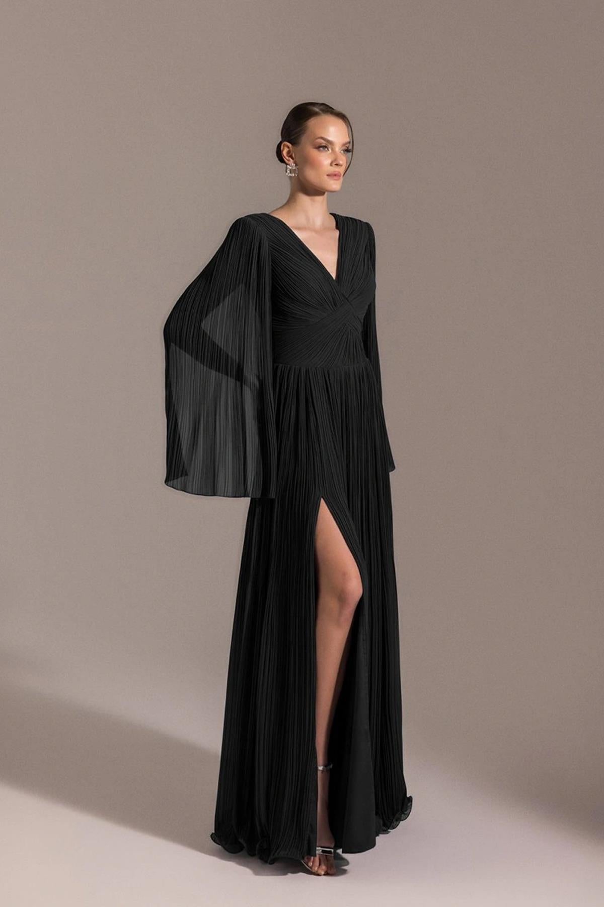Long Sleeve Chest Drape Pleated Plus Size Evening Dress