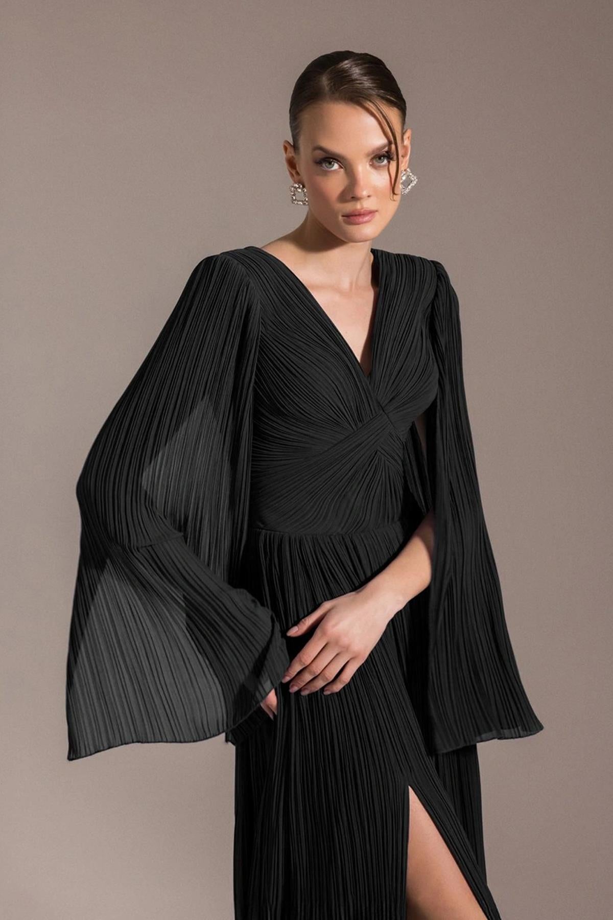 Long Sleeve Chest Drape Pleated Plus Size Evening Dress